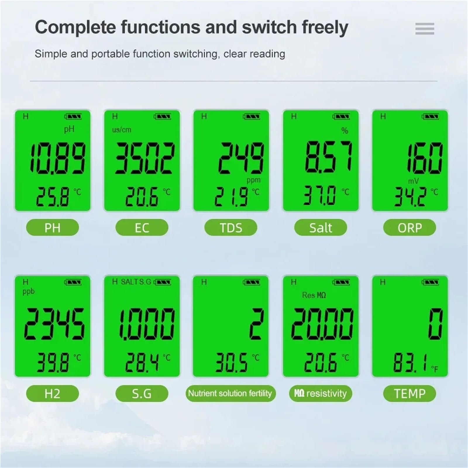 Medidor de pH digital 10 en 1, comprobador de calidad del agua, pH/Cl₂/TDS/EC/dureza, detector de hidrógeno for agua potable, acuarios y piscinas.