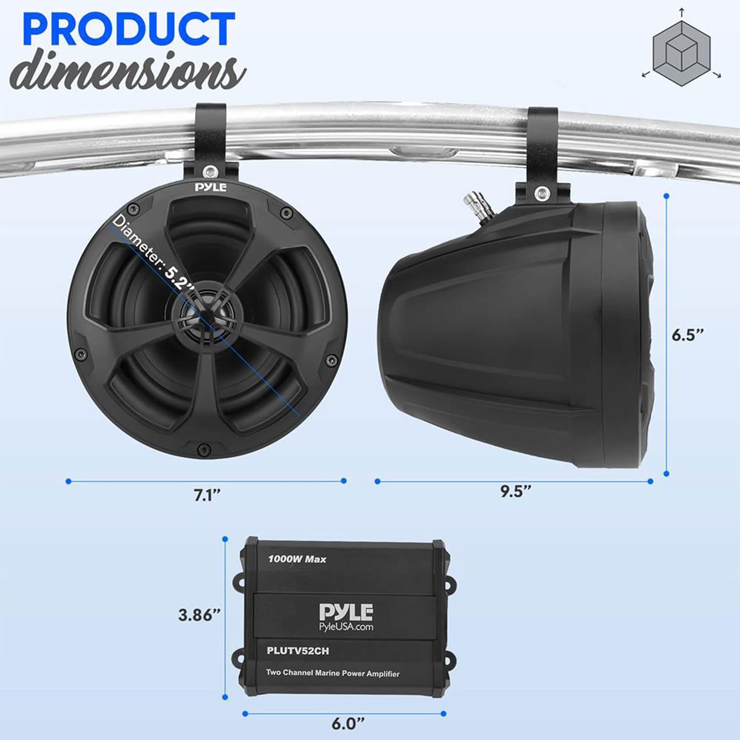 PYLE, Marine Speakers, Boat Speakers, 1000W 5.25 Inch, Waterproof Off-Road System, 2-Channel Amp, Full Range Stereo, ATV/UTV/Jeep, Includes Mounting Brackets & Wiring, IP-X45 Rated, PLUTV52CH - Image 7
