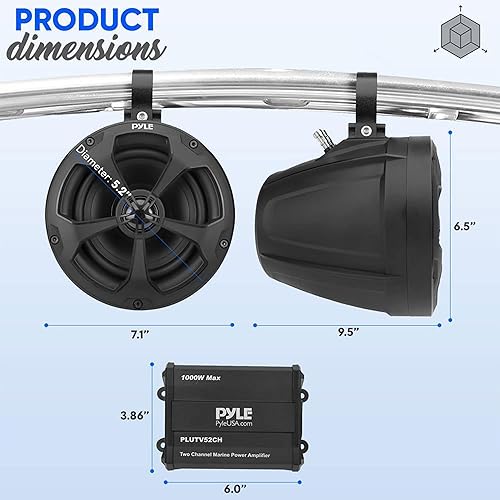 Vista 7 de PYLE, Altavoces marinos, altavoces de barco, 1000 W 5.25 pulgadas, sistema todoterreno impermeable, amplificador de 2 canales, estéreo de rango