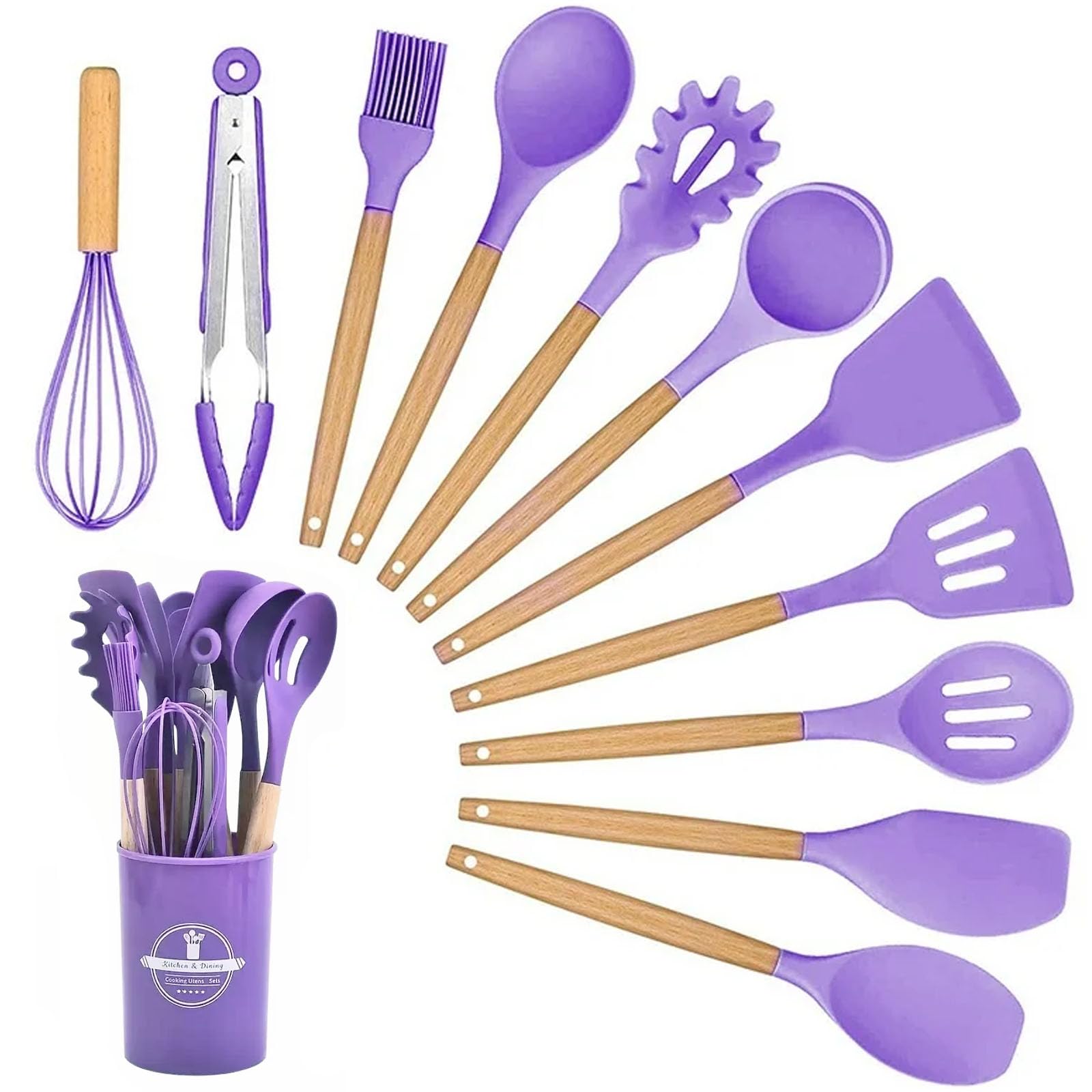Set di utensili da cucina, 12 pezzi, set di utensili da cucina in silicone con manico in legno, resistenti al calore, antiaderenti, set di utensili da cucina in silicone, adatti per la cucina (viola)