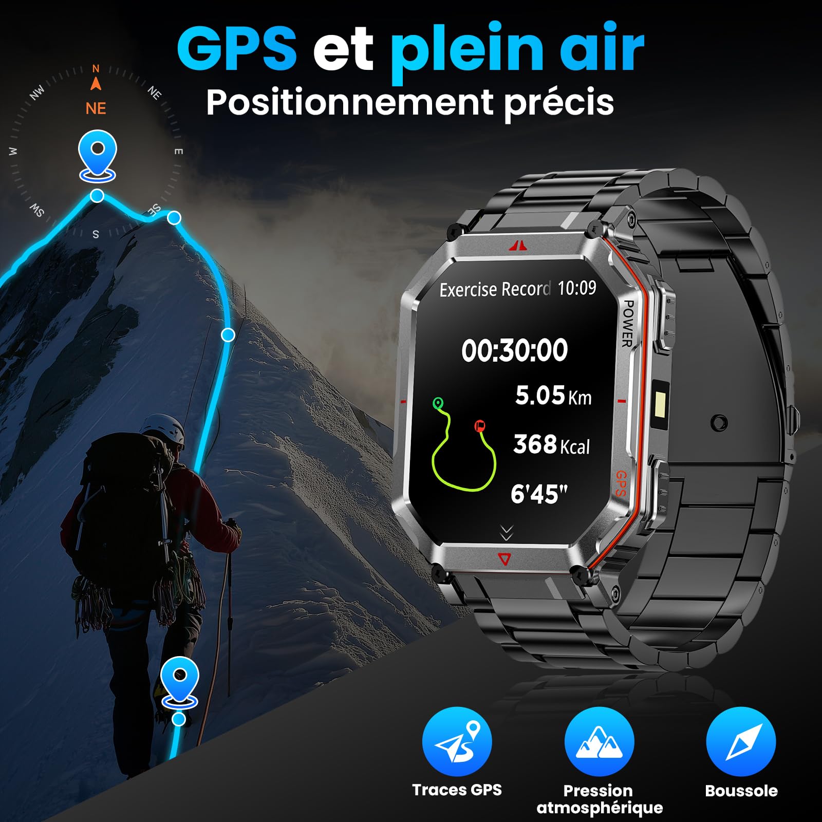 Montre Connectée Militaire en Acier 2,01 ", avec Vocal GPT/GPS/Boussole | AI Cadran Montre Intelligente, Affichage HD 2,01 "Appel Bluetooth, Compatible avec Android et iOS, 100+ Modes Sportifs GPS
