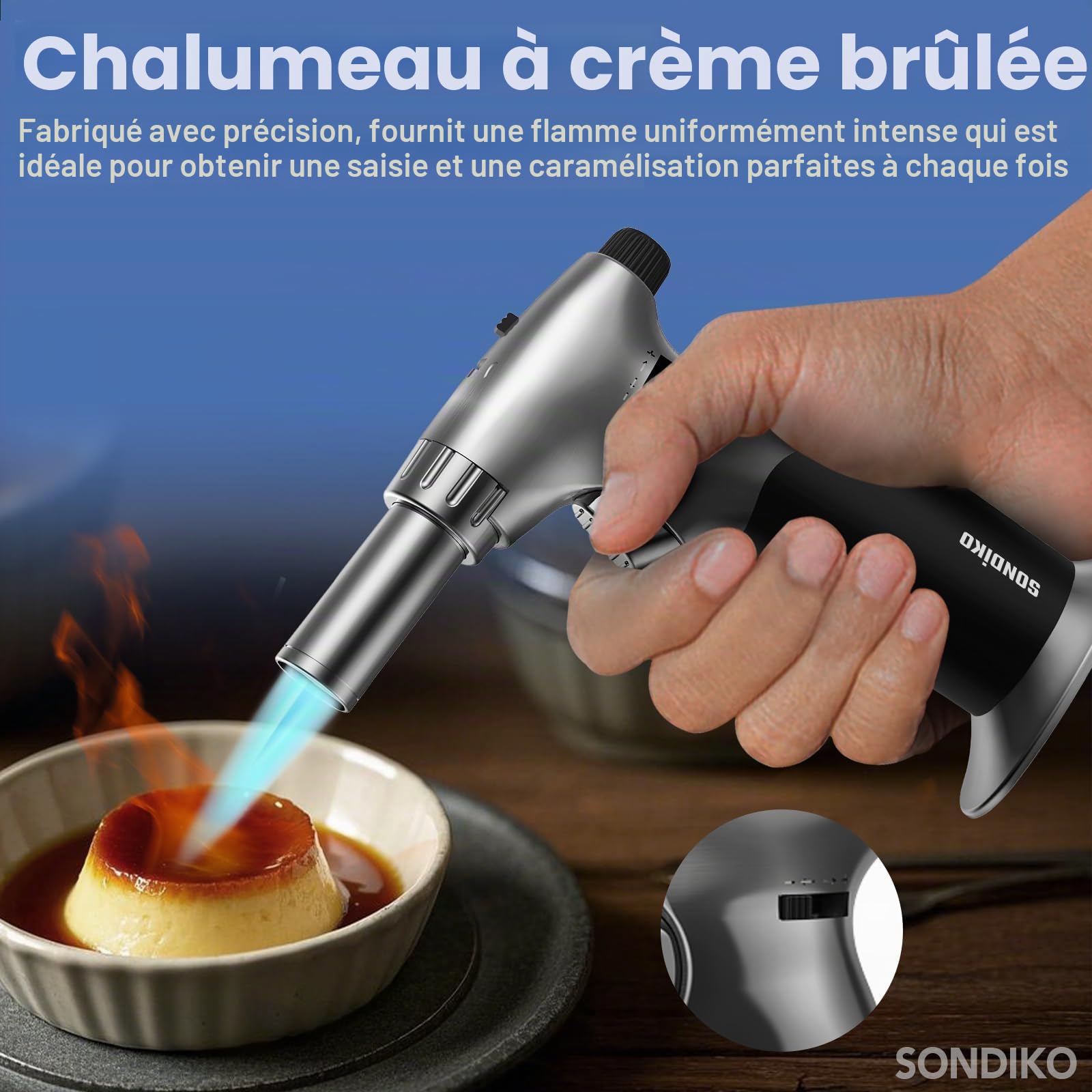 Sondiko Briquet au butane double style flamme, taille de flamme réglable, chalumeau rechargeable avec verrouillage de flamme continue pour crème brûlée, cuisine (le gaz butane n'est pas inclus)