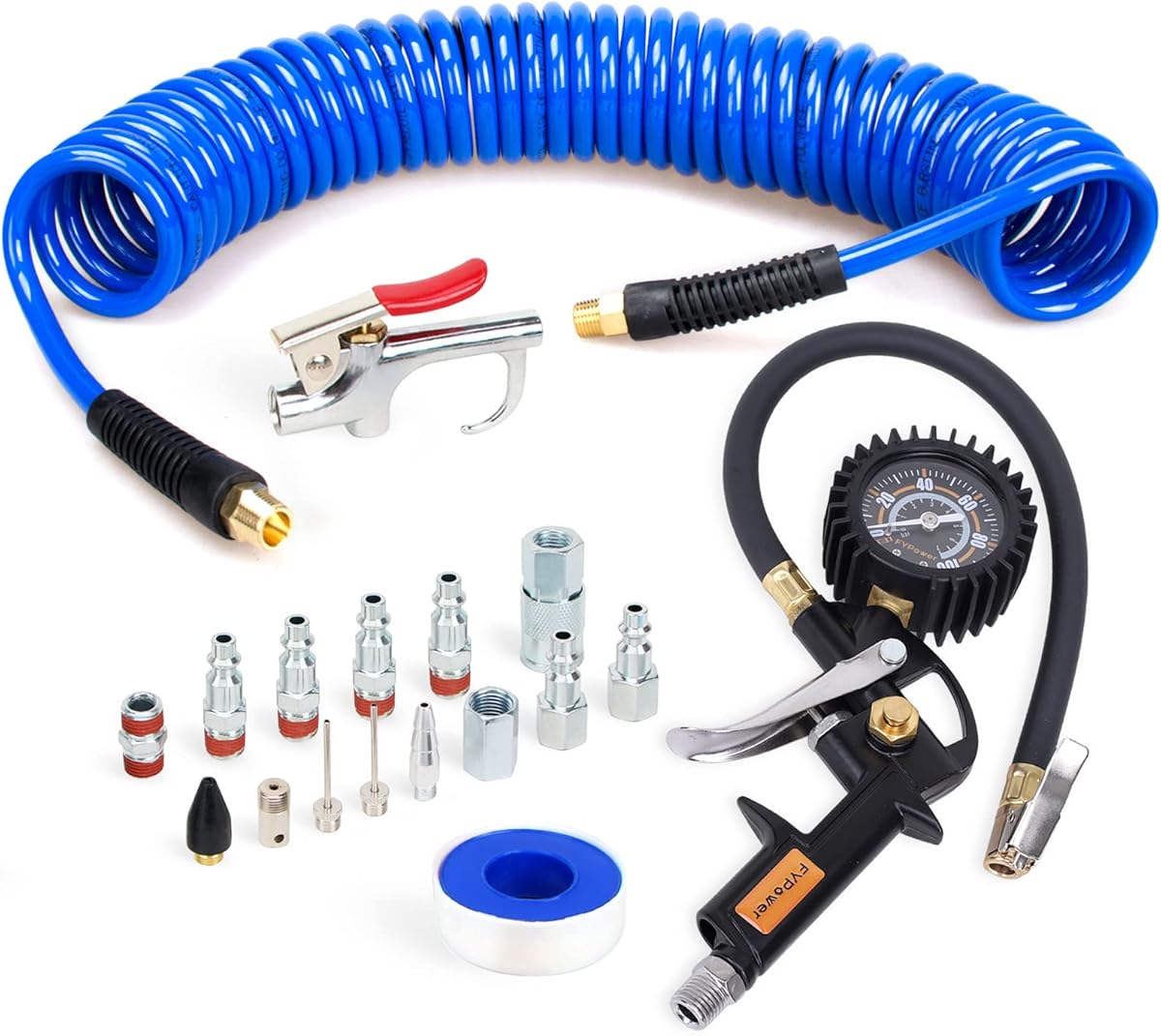 18 Pieces Air Compressor Accessories kit, 1/4 inch x 25 ft Recoil Poly Air Compressor Hose Kit, 1/4" NPT Quick Connect Air Fittings, 100 PSI Tire Inflator Gauge, Heavy Duty Blow Gun