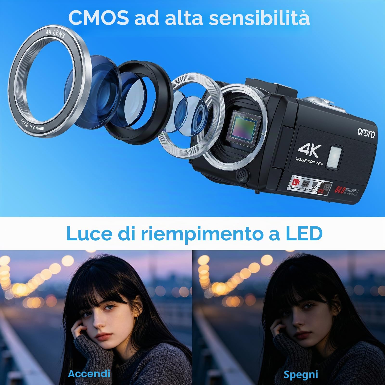 ORDRO Z36 Videocamera 4K/30 fps, fotocamera vlogging da 64 MP con zoom digitale 18x, luce di riempimento a LED, schermo da 3,0 pollici, visione notturna a infrarossi, fotocamera vlogging per YouTube