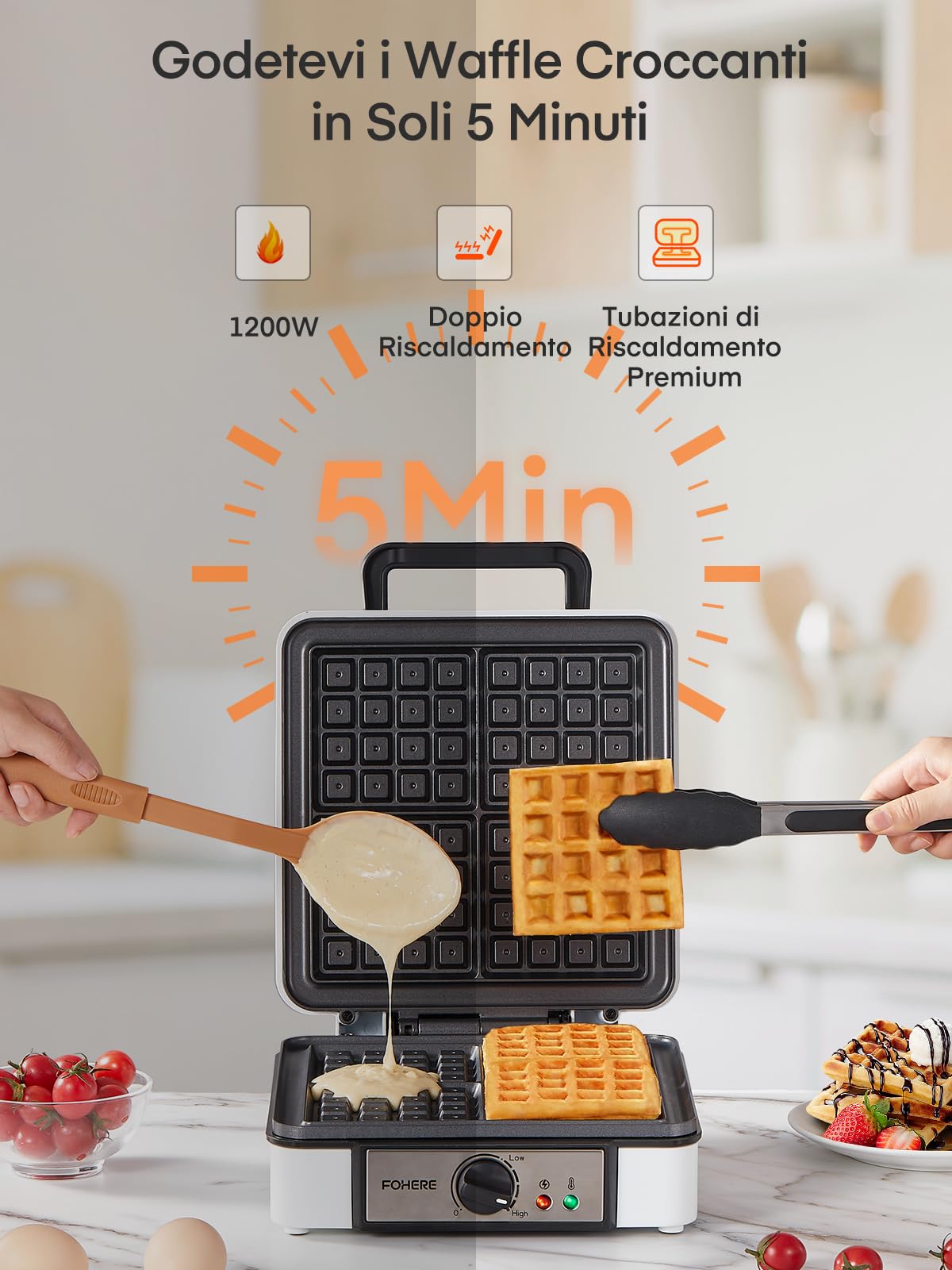 FOHERE Piastra per Waffle Belga, Macchina per Waffle Quadrato, Antiaderente a 4 Fette, Rivestimento Antiaderente, 5 Pulsanti di Doratura Indicatori Luminosi, 1200W Waffle Maker