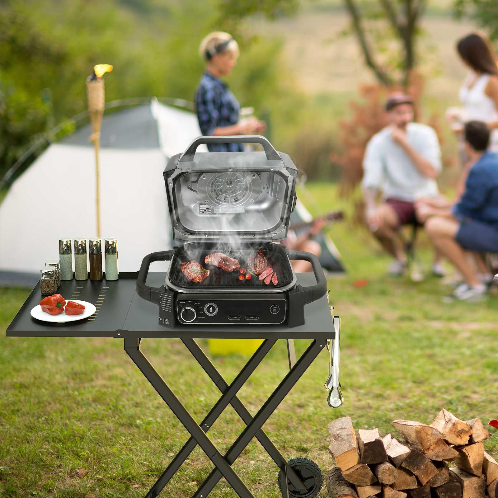 Support de Barbecue Pliable pour Ninja Woodfire OG701/OG850/OG951, Chariot Plancha Extérieur Universel avec Table Latérale et Crochets, Noir