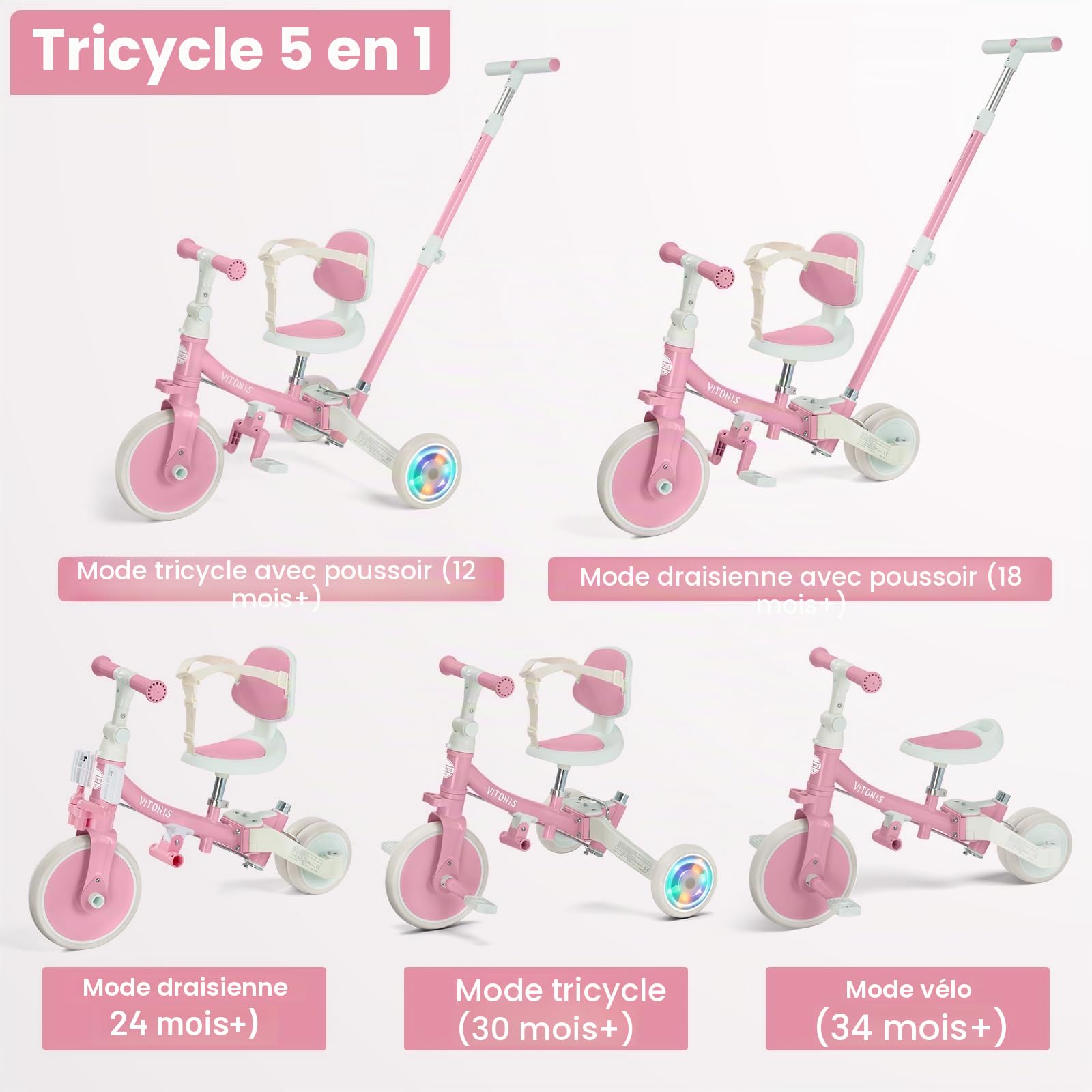 VITONIS Tricycle 5 en 1 pour Enfants de 18 Mois à 3 Ans, avec Roues Clignotantes, Tricycle avec Barre de poussée, Dossier et Ceinture de sécurité, Cadeau, vélo sans pédales, Rose