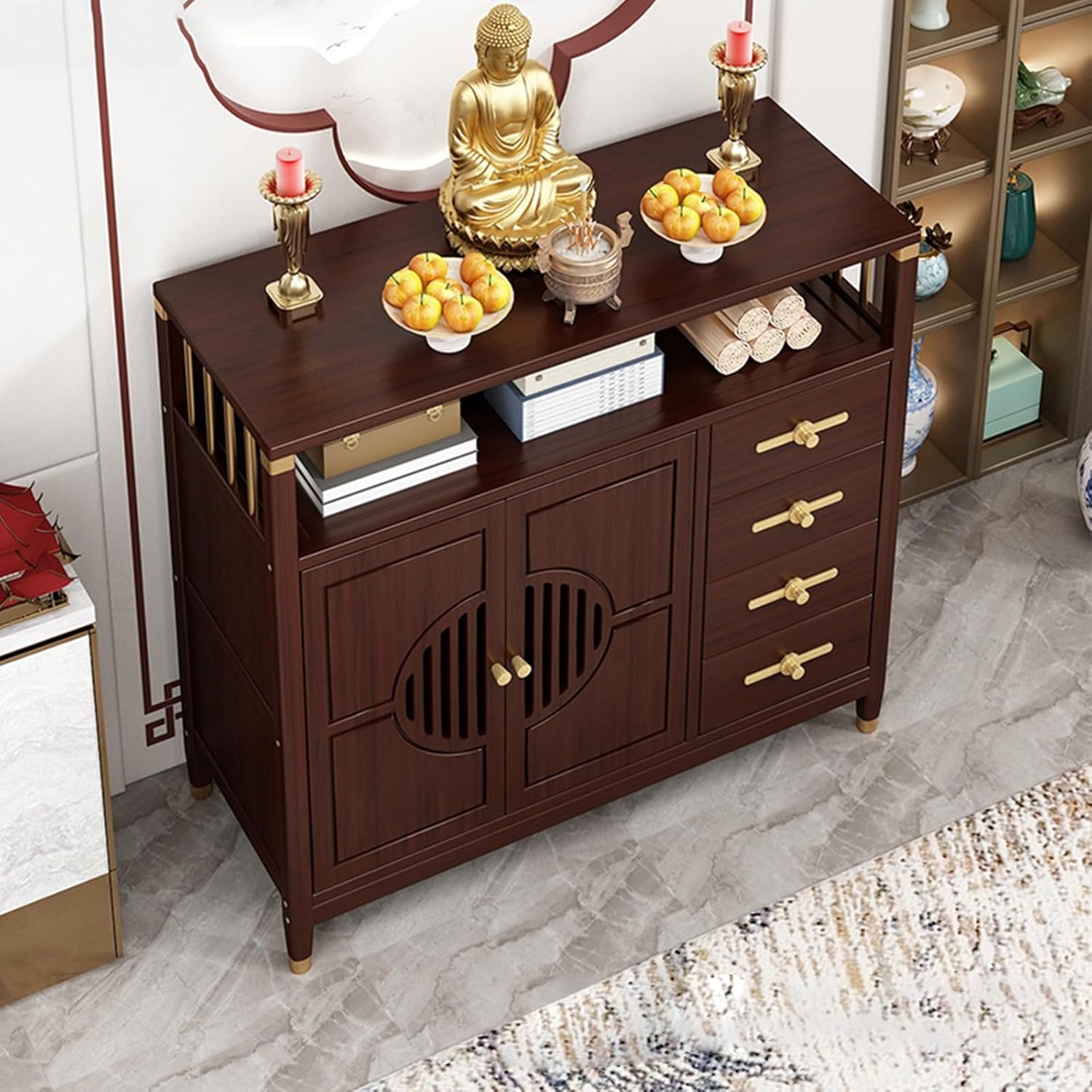 Meditation Altar Table with Multiple Storage Spaces,Chinese Fengshui Statue Display Cabine,Niche Display Stand,Japanese Floor Table