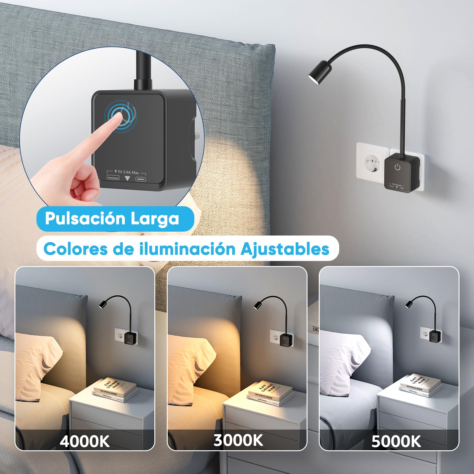 Lamparas Aplique Lectura de Pared Foco LED Regulable con Enchufe e Interruptor Tactil, Puertos de Salida USB, 2 Pack Lamparas Negra para Dormitorio Sala Cocina, 3 Temperatura de Color