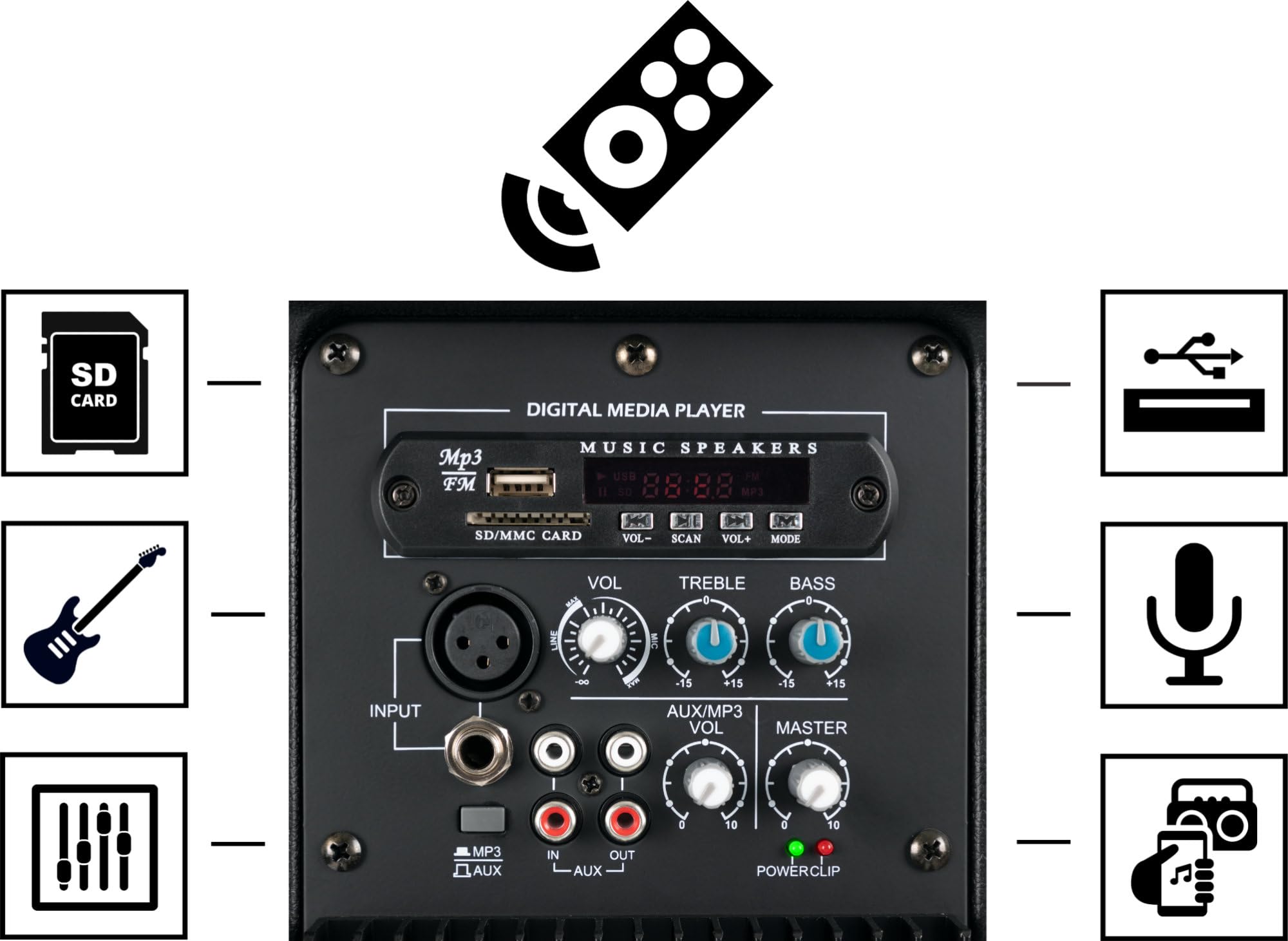Pronomic E-210 MA Stereo Set - 2 aktive 2-Wege Boxen - Leistung: 2X 100 Watt (RMS) - 10" Woofer + 1,0" Kompressions-Treiber - Bluetooth-Empfänger und MP3-Player mit USB/SD - Monitorschräge