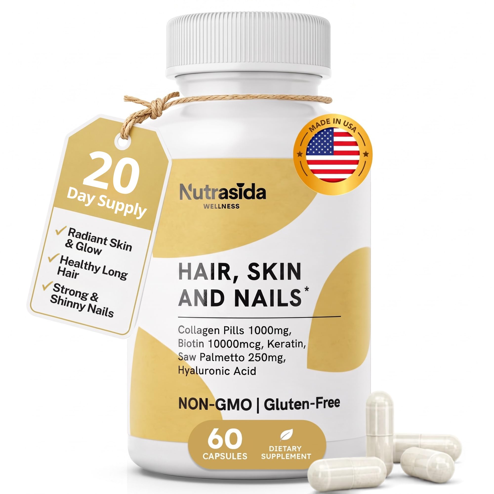 Hair Skin and Nails Supplement – 5-in-1 Formula Collagen Peptides 1000mg, Biotin 10,000mcg, Keratin, Hyaluronic Acid & Saw Palmetto 250mg – Non-GMO Gluten-Free for Women – 60 Capsules