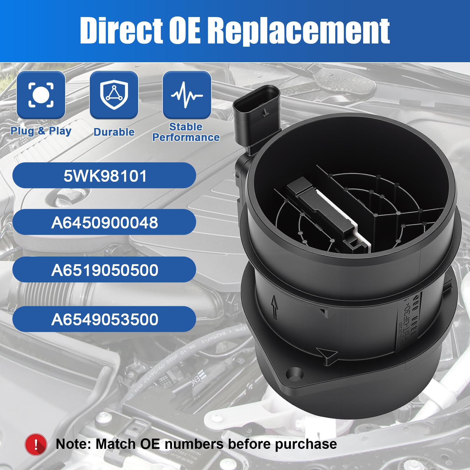 Misuratore di massa d'aria MAF sensore Airflow di ricambio 5WK98101 A6450900048 A6519050500 affidabile misurazione dell'aria motore compatibile con Mercedes A B C GLC Sprinter Vito W176 W245