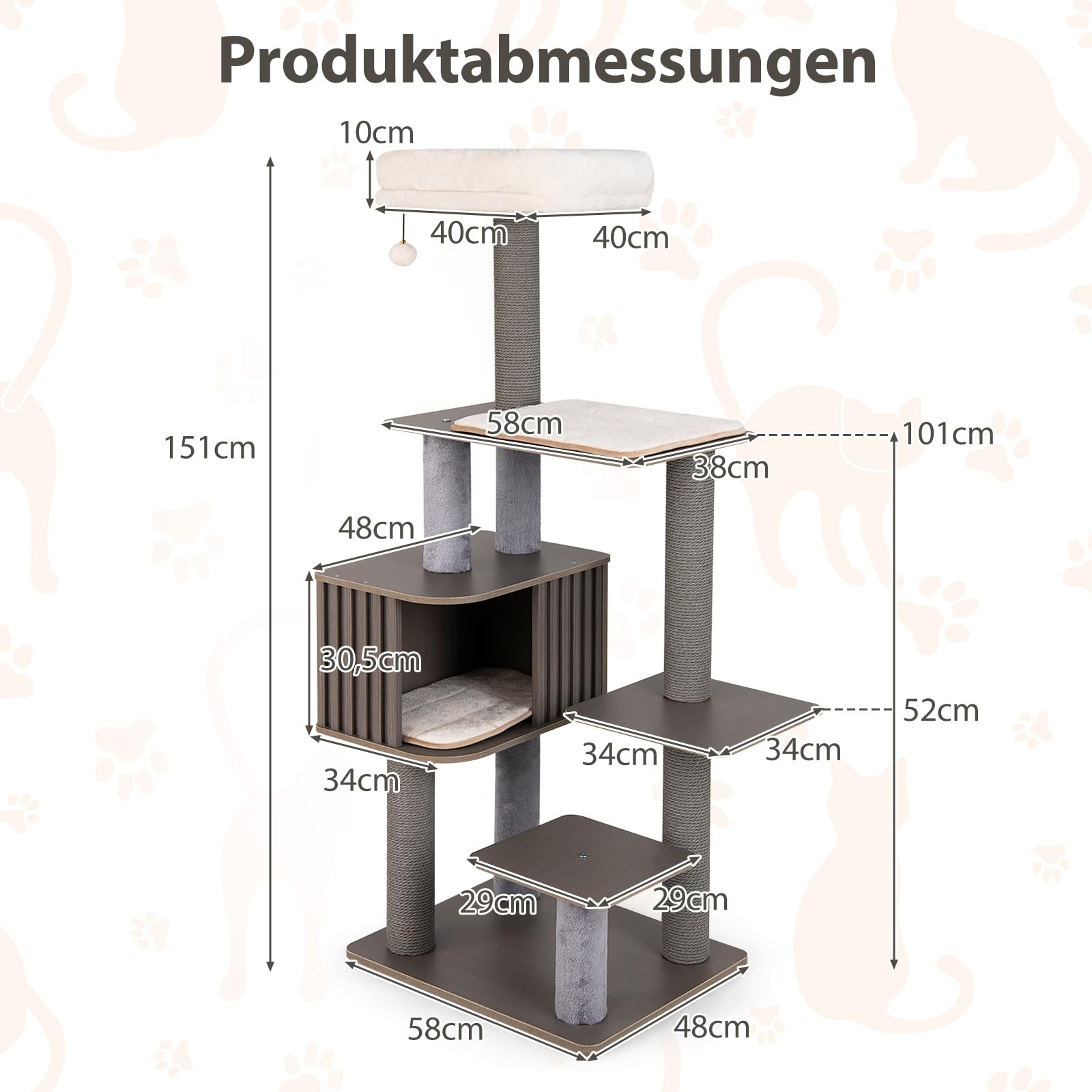 COSTWAY Kratzbaum groß, 151 cm, Katzenbaum mit Plattformen, Katzenhöhle, Kratzpfosten, Ball & abnehmbaren Matten, Katzenkratzbaum Katze, Katzenturm Kletterbaum, Grau