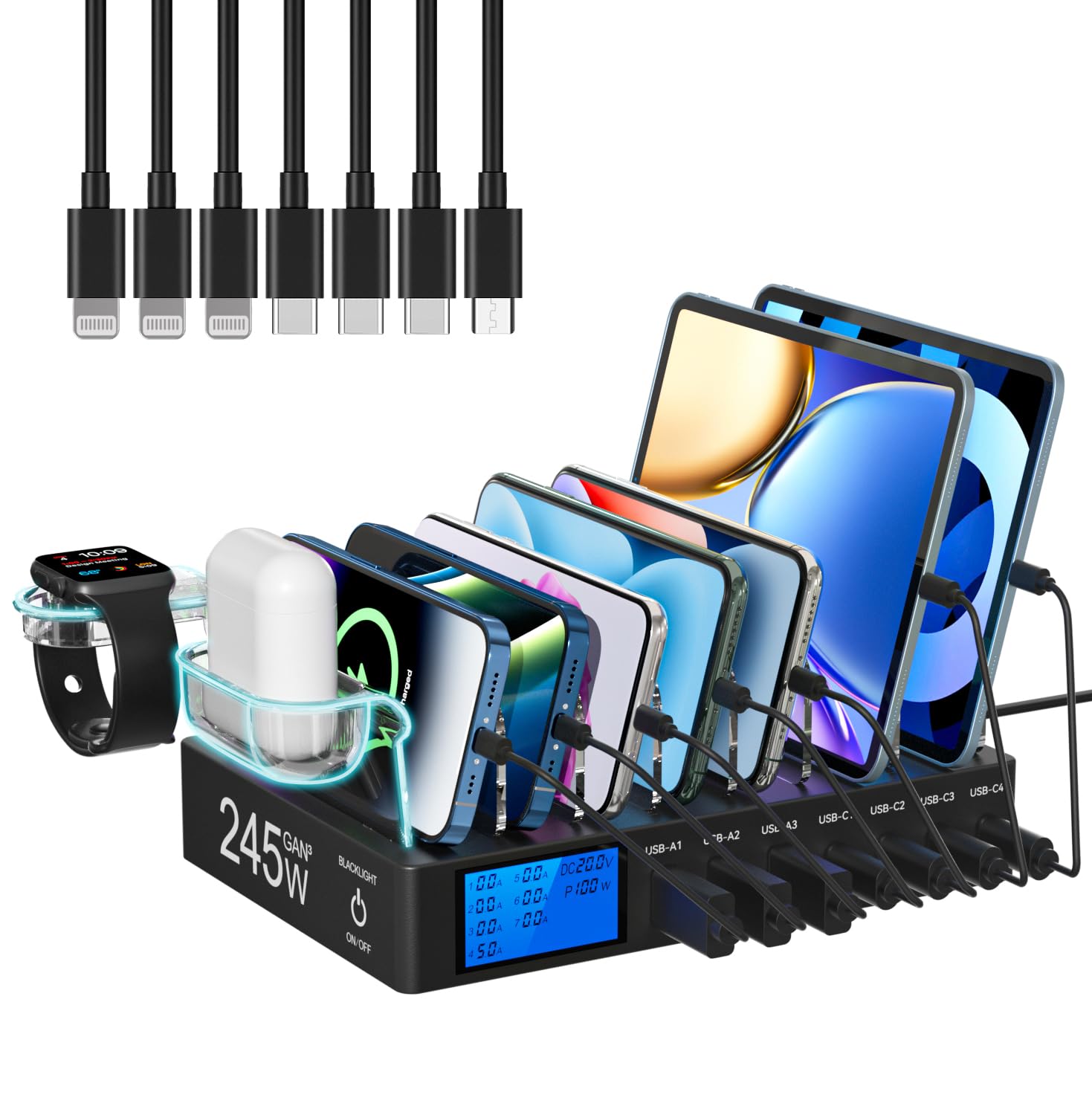 Estación de Carga, 245W 7 Puertos Charging Station, Estacion de Carga con Pantalla LCD, Cargador USB Multiple Compatible con teléfonos tabletas y Otros Dispositivos（7 Cables incluidos）