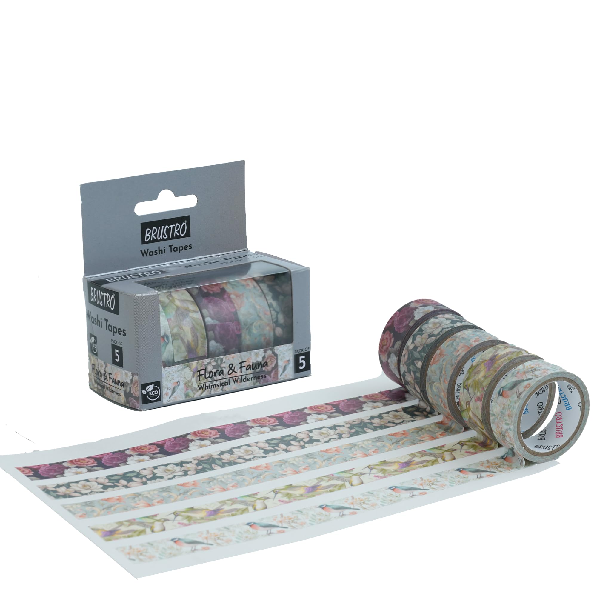 BRUSTRO Washi Masking Tapes Flora and Fauna Shade, 15 mm x 5 mtrs (Set of 5)