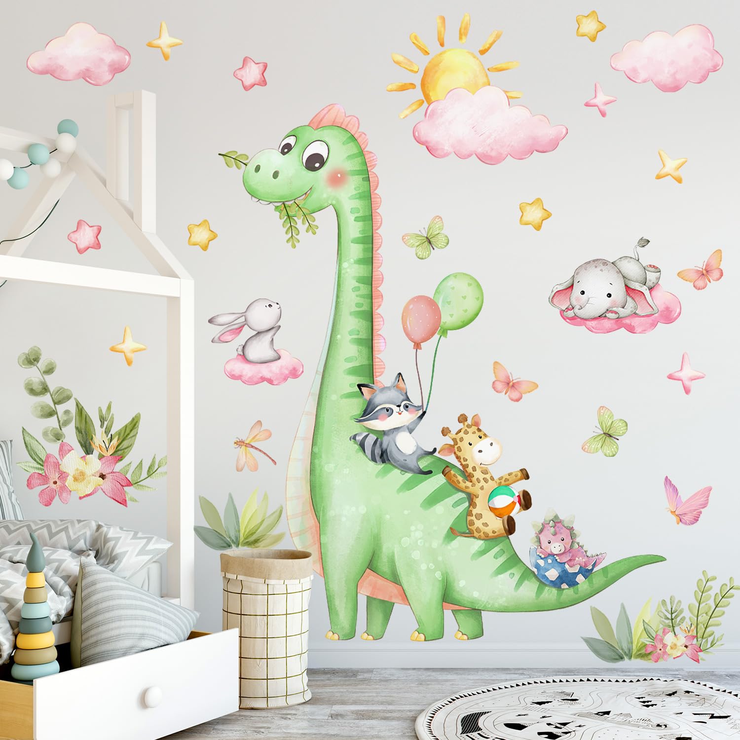 RAINBOW WSK Large Dinosaur Wall Decals Green Dino Wall Stickers for Baby Boys Girls Room Removable Jungle Animal Dino Wall Mural with Cloud Plants