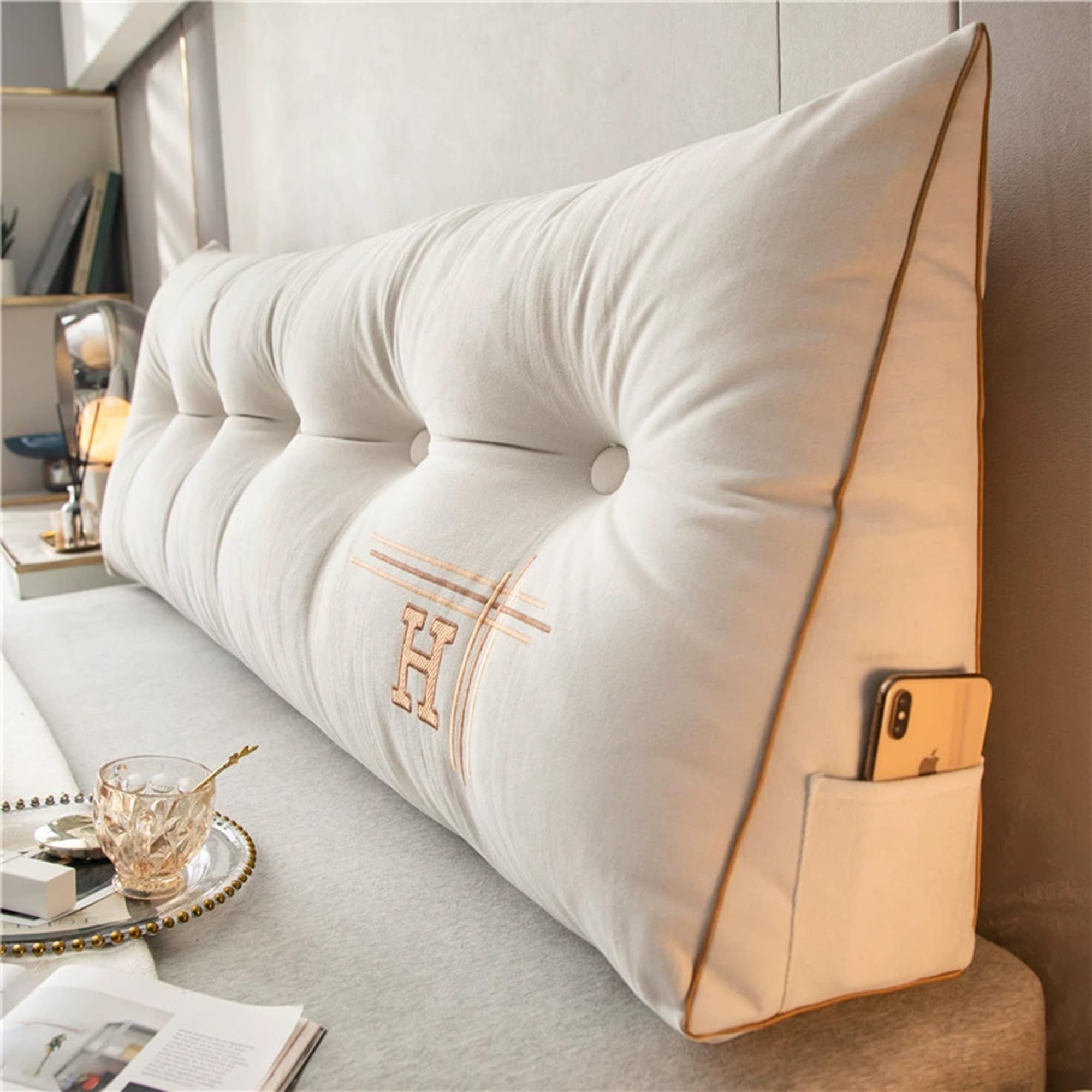 DUOLEH Lumbar Support Cushion Waist Backrest, Triangular Wedge Headboard, Bed Rest Reading Pillow with Pocket & Zipper, Removable Wedge Pillow Support Cushion (100x50x20cm,White)