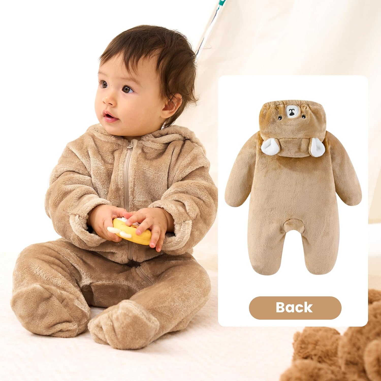 JiAmy Baby Fleece Snowsuit Cute Bear Romper Newborn Winter Jumpsuit Hooded Warm Coat with Fold-over Mittens Footies - Image 2