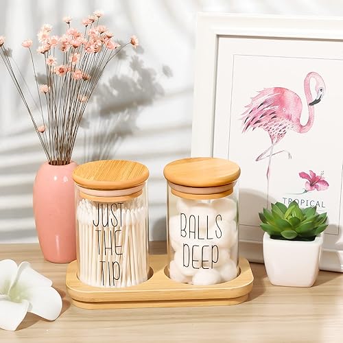 Miniatura 6 de Divertido dispensador Qtip - Paquete de 2 tarros de cristal para boticario con bandeja de bambú juego de baño con tapas de bambú para bola de