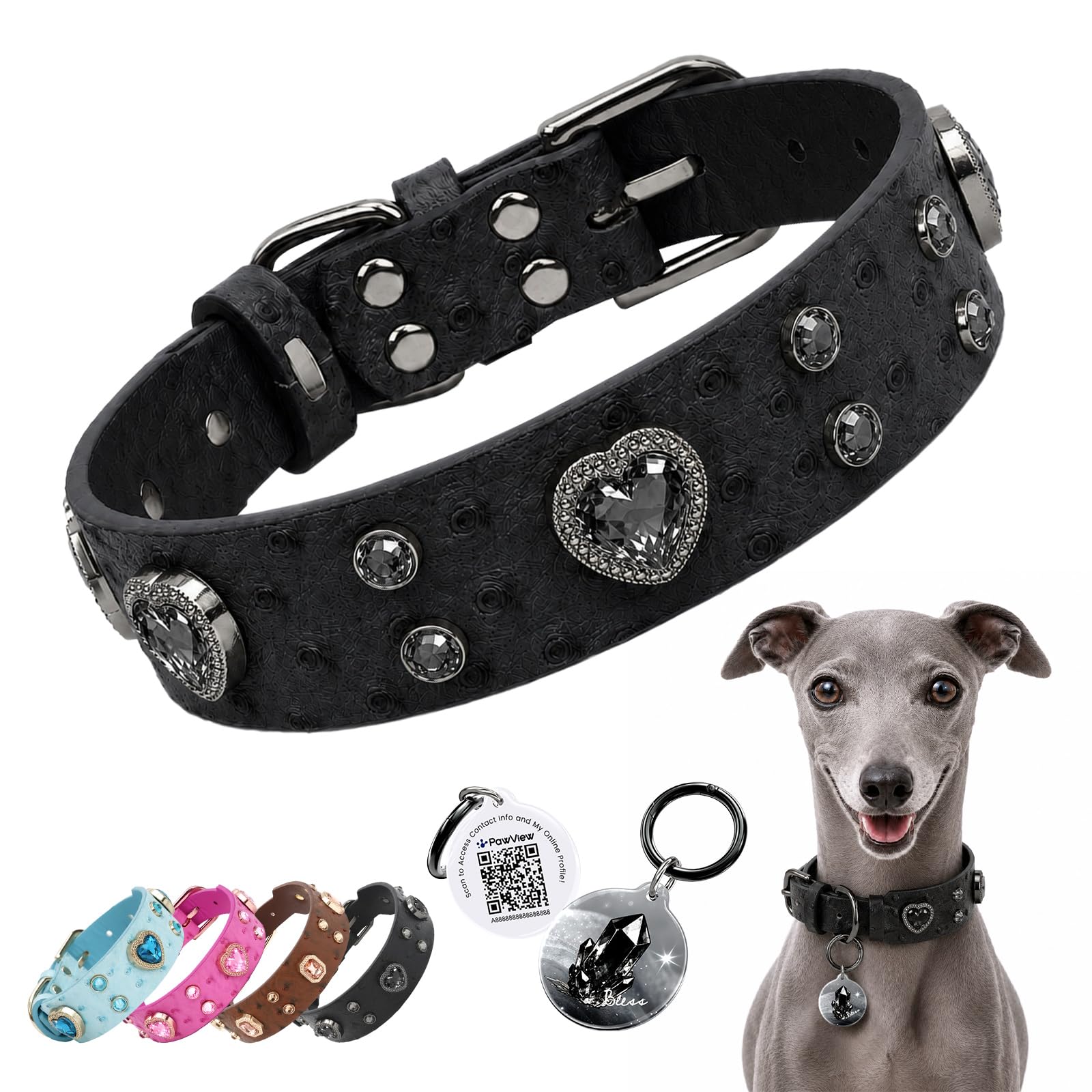 PawView Rhinestone Dog Collar with Smart QR Code ID Tag, Personalised Wide Adjustable Waterproof Leather Collar for Small, Medium & Large Dogs, Blue, L