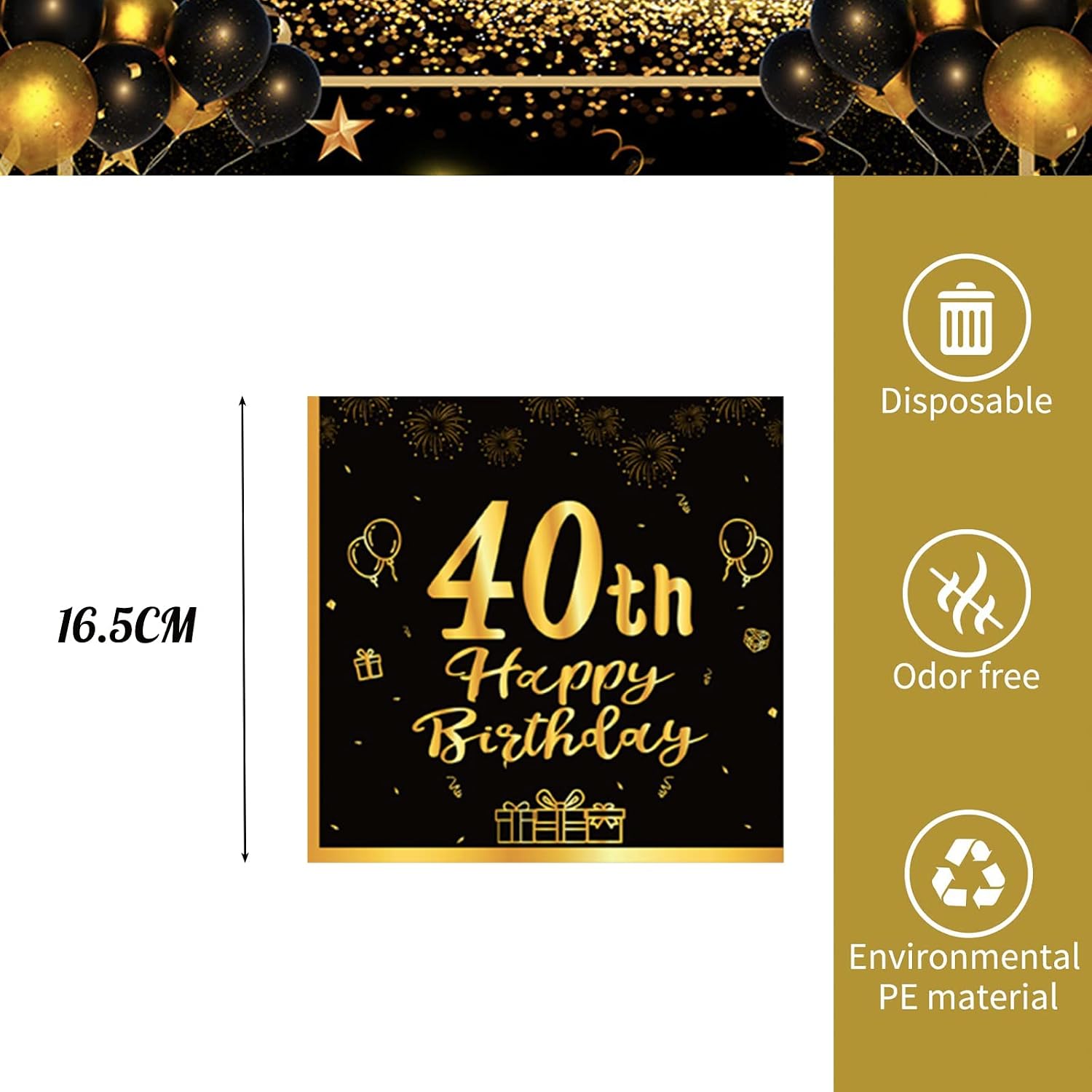POPOYU 20pcs Black and Gold Napkins 40th, Happy Birthday Disposable Tableware Paper Napkins - Image 3