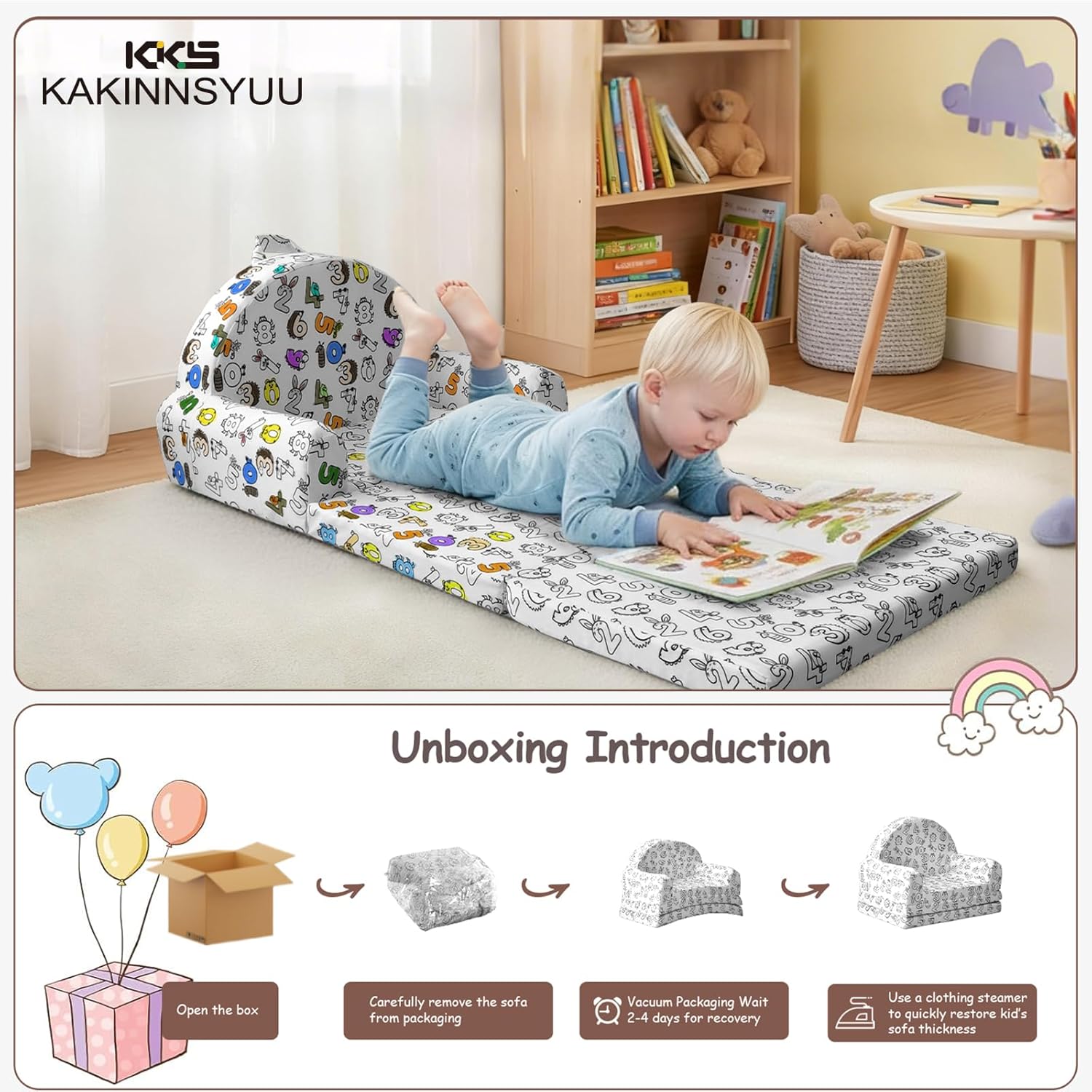 Toddler Chair & Couch, Kids Sofa 2-in-1 with Draw-On Fabric, Fold Out Convertible Foam Lounge for Playroom, Gift for Toddlers & Birthday | Draw-On Fabric