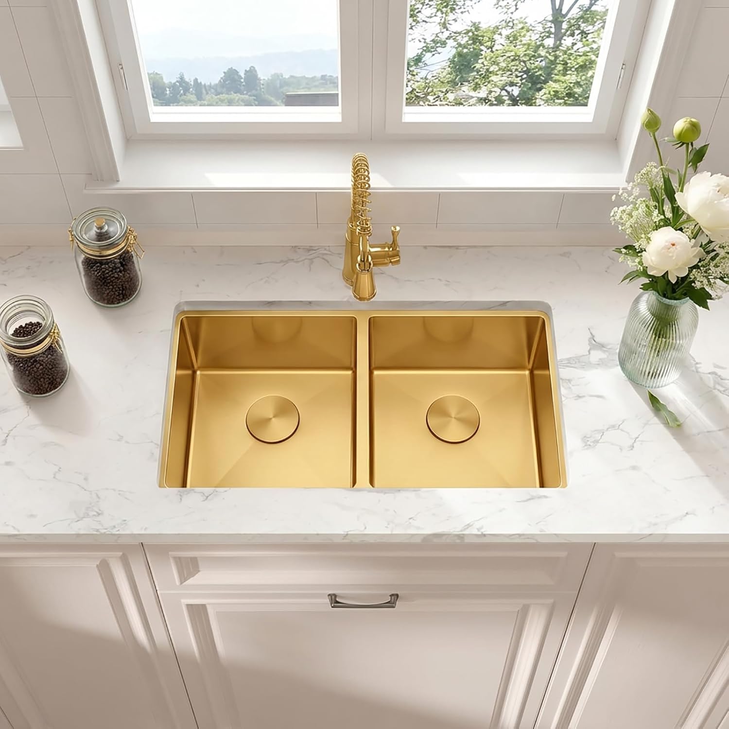 Gold Undermount Kitchen Sink 32 x 18 Inch, 50/50 Double Bowl Kitchen Sinks, 16 Gauge Stainless Steel Workstation Sink with Ledge & Accessories, 32" x 18" x 10" Large and Deep Gold Double Sink