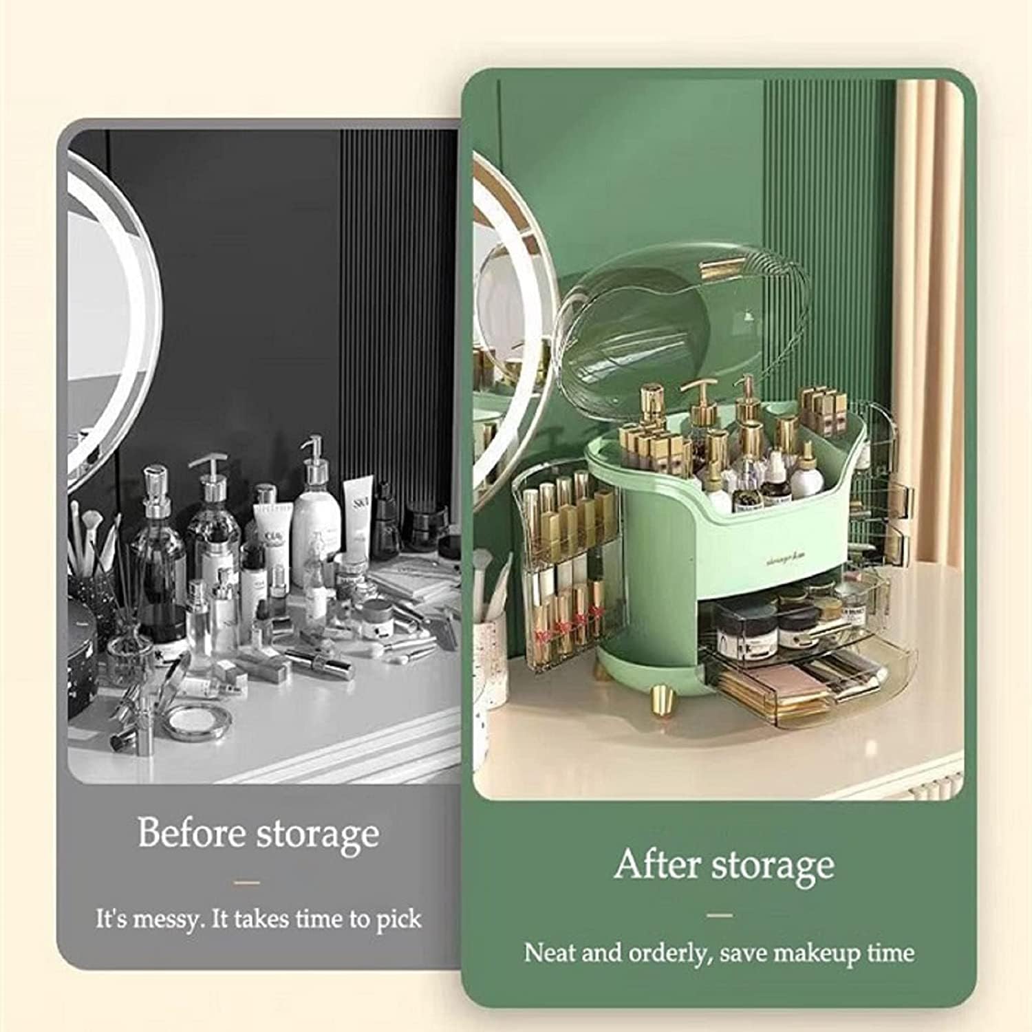 Portable Light Luxury Series Multi-Function Make Up Case Dustproof Cosmetic Storage Box,Cosmetics Skin Care Products Jewelry Organizer Case Lipstick Box - Green