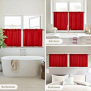 HOMEIDEAS Christmas Non-See-Through Red Privacy Sheer Kitchen Curtains, 30 X 24 Inches Long 2 Panels Short Sheer Curtains Light Filtering Bathroom Window Drapes for Bedroom Living Room