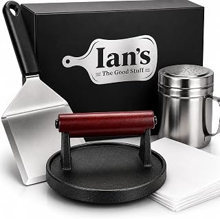IAN's Smash Burger Press Kit - Cast Iron Burger Press (6.5 in), Smash Burger Spatula, Patty Pakers & Seasoning Shaker - Griddle, Flat Grill, Hibachi Accessories - Gifts for Dad