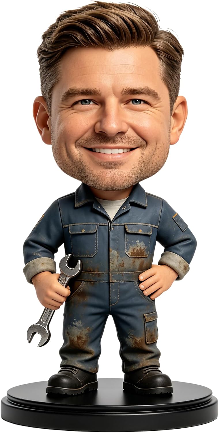 Custom Bobblehead Personalized from Photo, Handmade Poly Clay Statue for Mechanic, Male Technician Figurine with Wrench, Unique for Handyman, Dad, Garage Enthusiasts