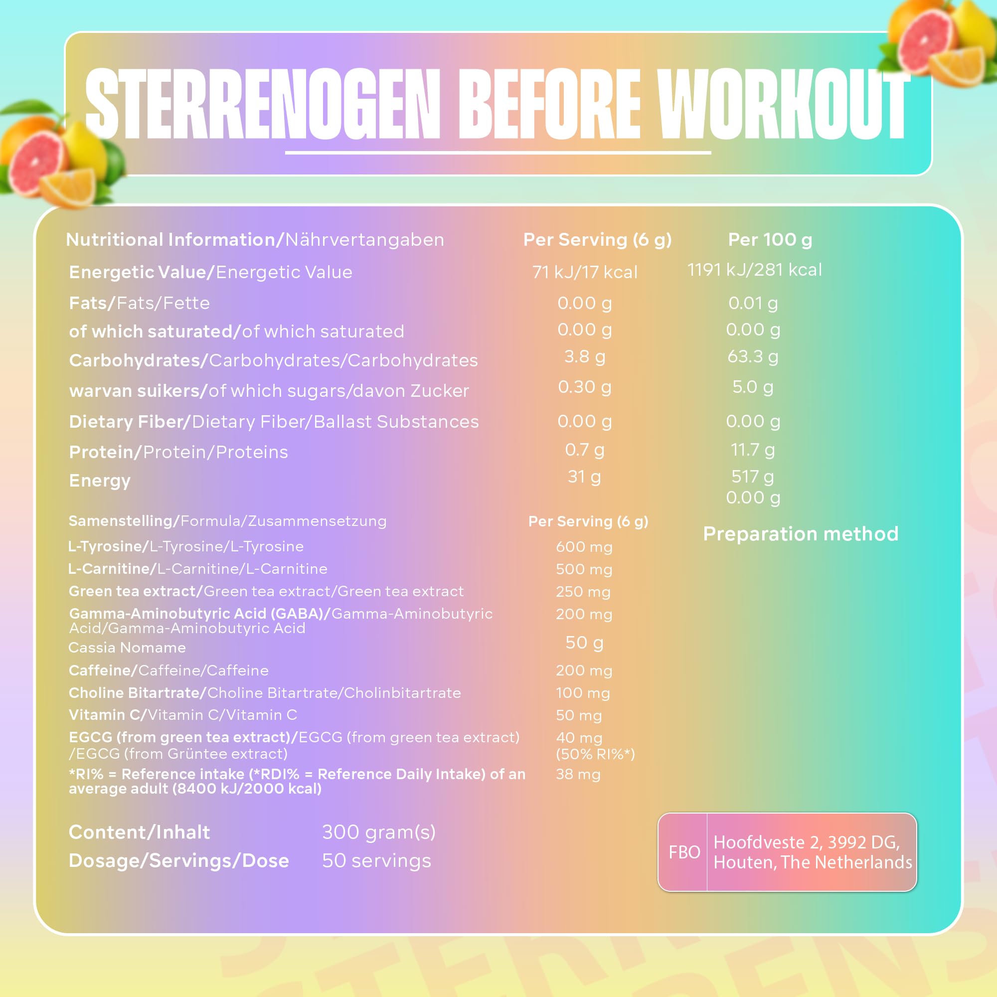 Sterrenstof Fat Burner – Funkige Zitrusfrüchte – Fettverbrenner Appetitzügler mit L-Carnitin, L-Tyrosin, L-Theanin, Grüntee-Extrakt, Koffein – Schnell abnehmen, Diät, 300g Pulver, 50 Portionen