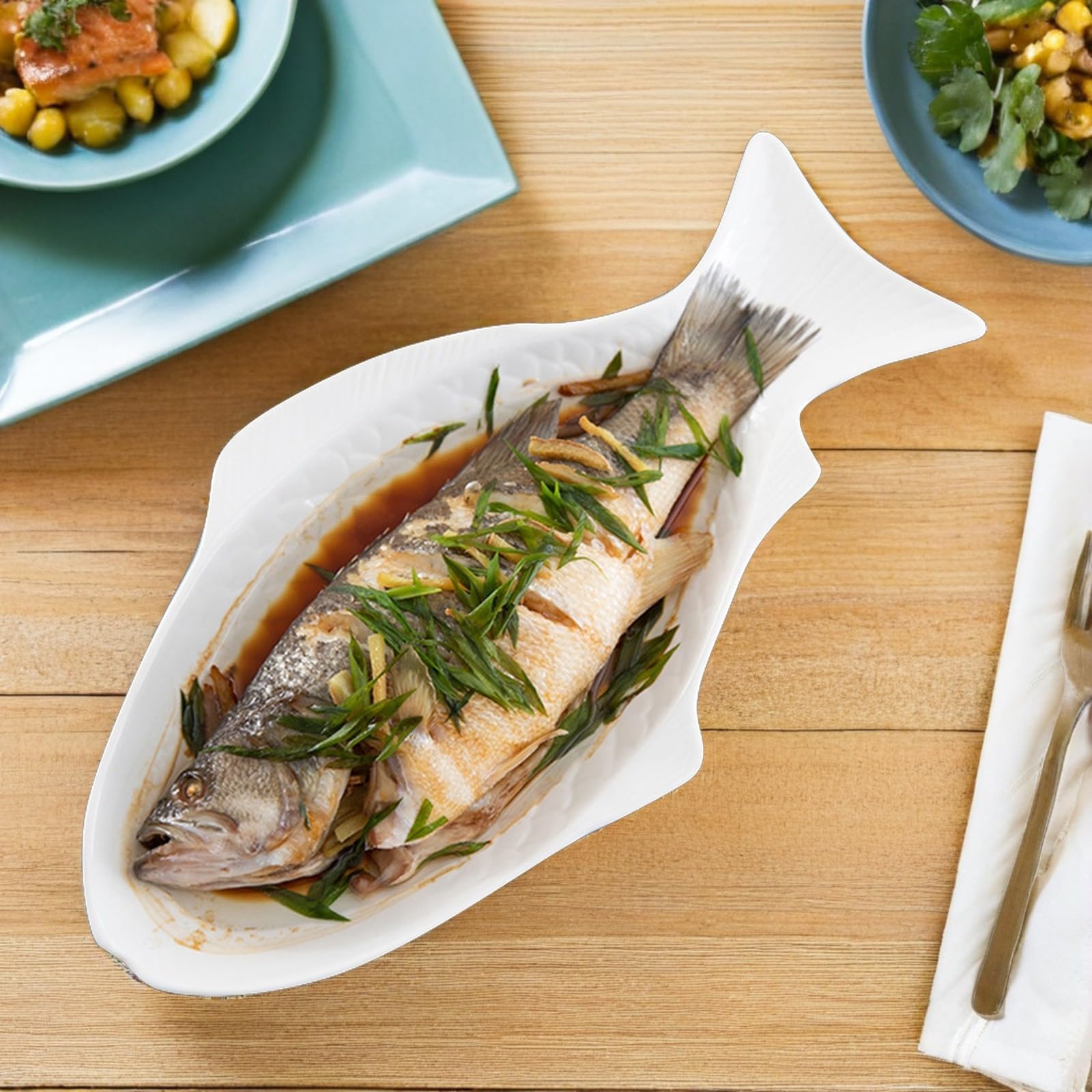 Abaodam Kreative Fischförmige Keramik Servierplatte für Zuhause, Weiß