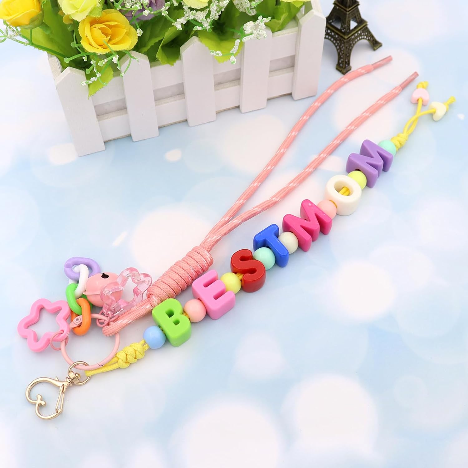 TTYY Colorful Letter Bead Charm Keychain with Adorable Bell Star Key Ring Gift For Grandma Bag Pendant Keyring - Image 8