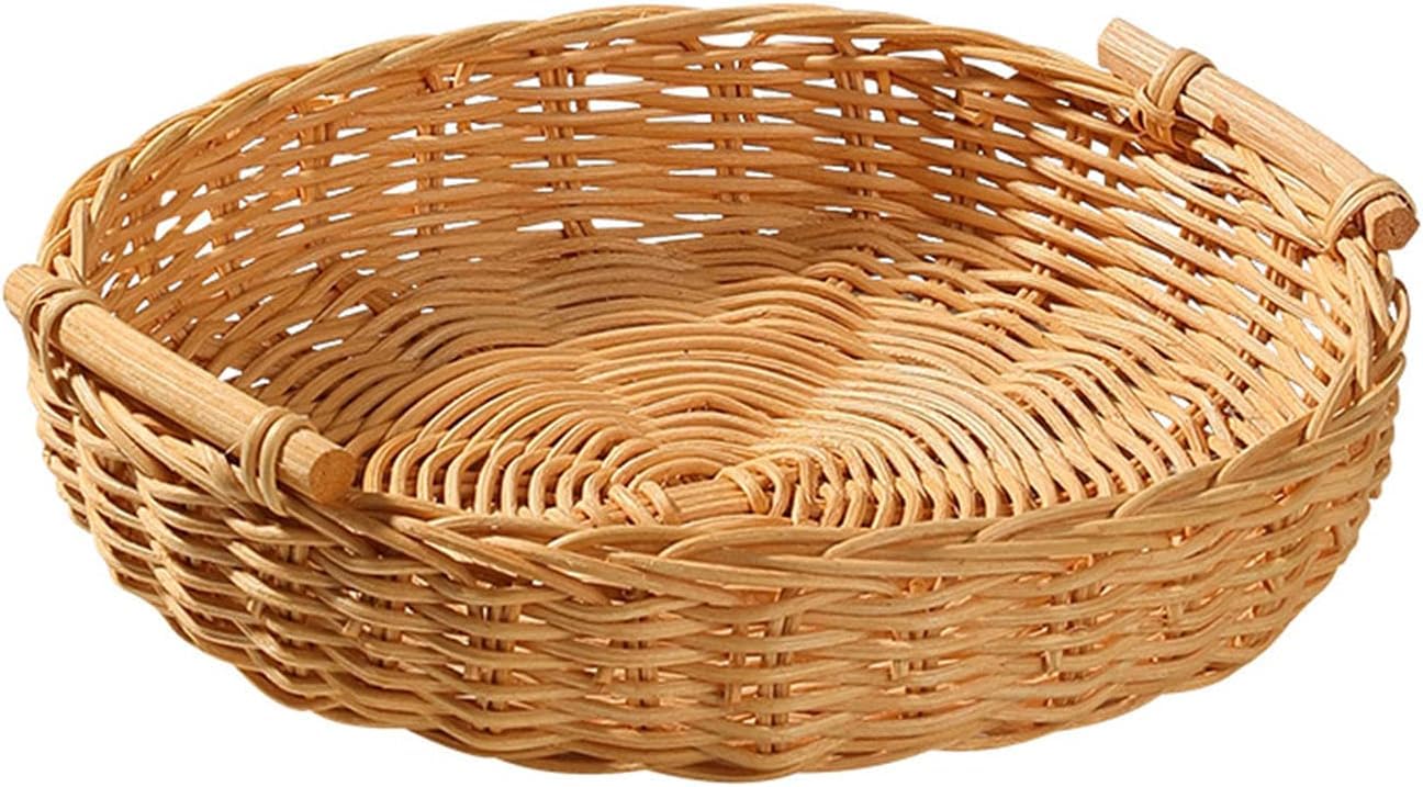 Ręcznie Robiona Taca Do Serwowania Z Rattanu, Okrągły Rattanowy Kosz Na Chleb Z Uchwytami Naturalne Wiklinowe Dekoracyjne Kosze Do Serwowania Na Krakersy Kolacje Kawa Śniadanie, 26 X 6.5CM