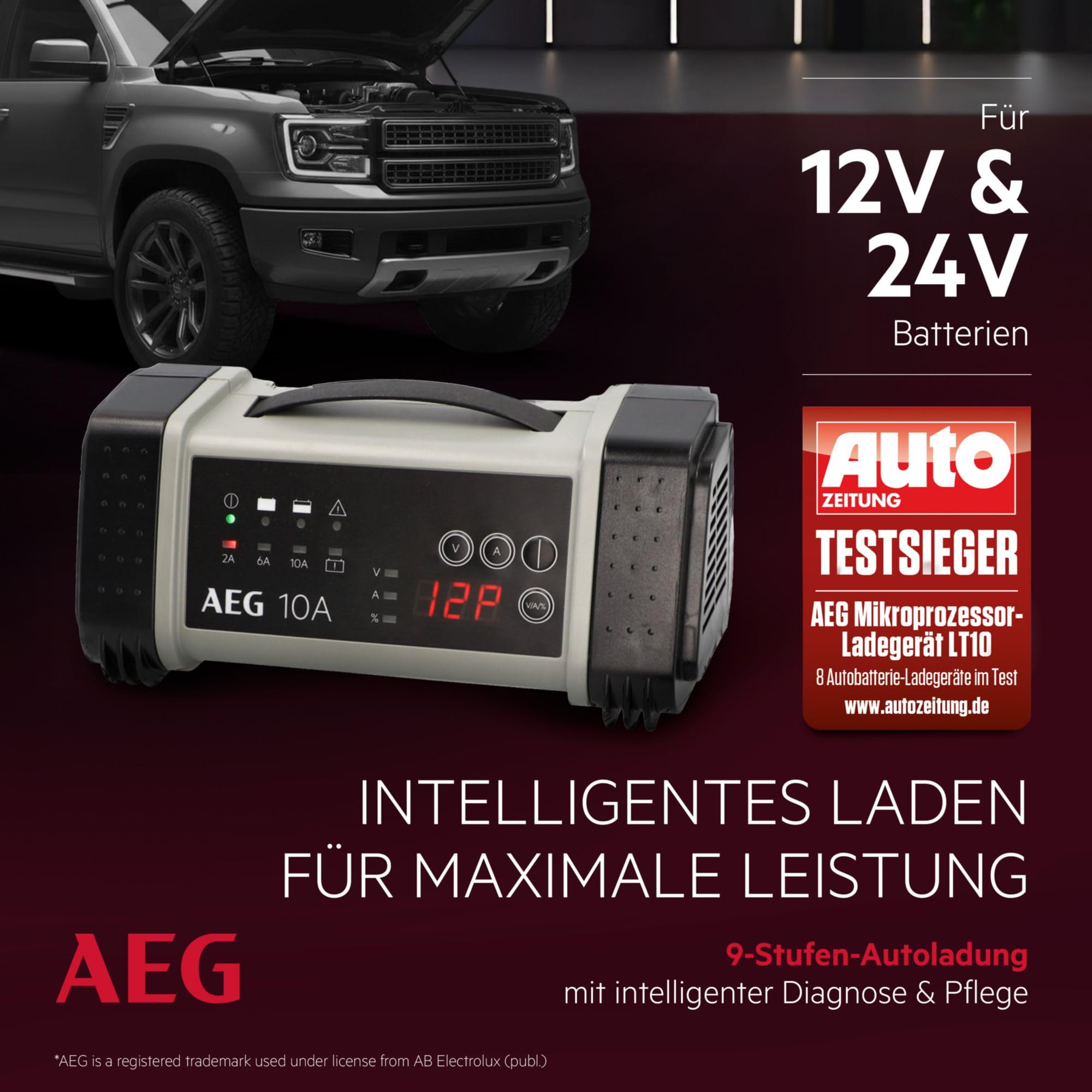 AEG Samochodowa ładowarka mikroprocesorowa 97024 LT 10 A do akumulatorów 12 i 24 V, 9-stopniowa, zasilacz i automatyczna kompensacja temperatury, LT10