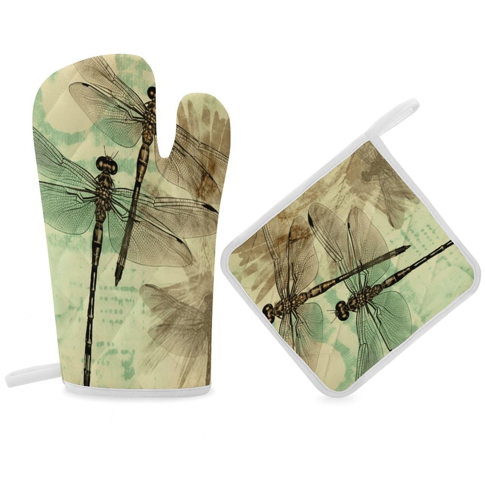 Fodpand Women's Style Dragonfly Dragonflies Vintage Oven Mitts And Pot Holders Sets,Oven Gloves For Kitchen Oven Mitts And Potholders For Baking Cooking Grilling Apartment Essentials