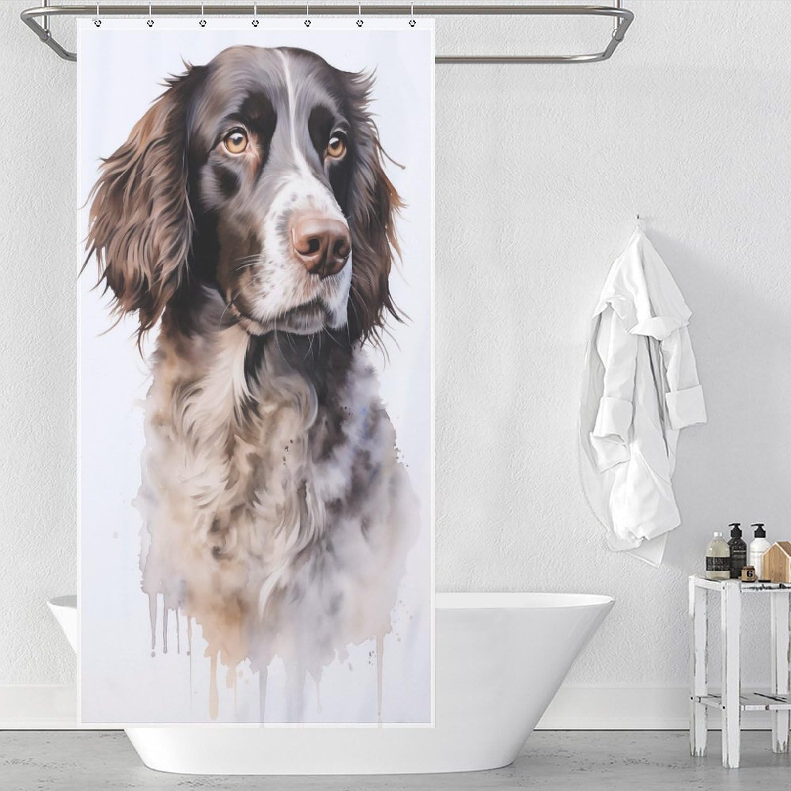 Rideau de douche Small Munsterlander 90x180 cm lavable avec 12 crochets