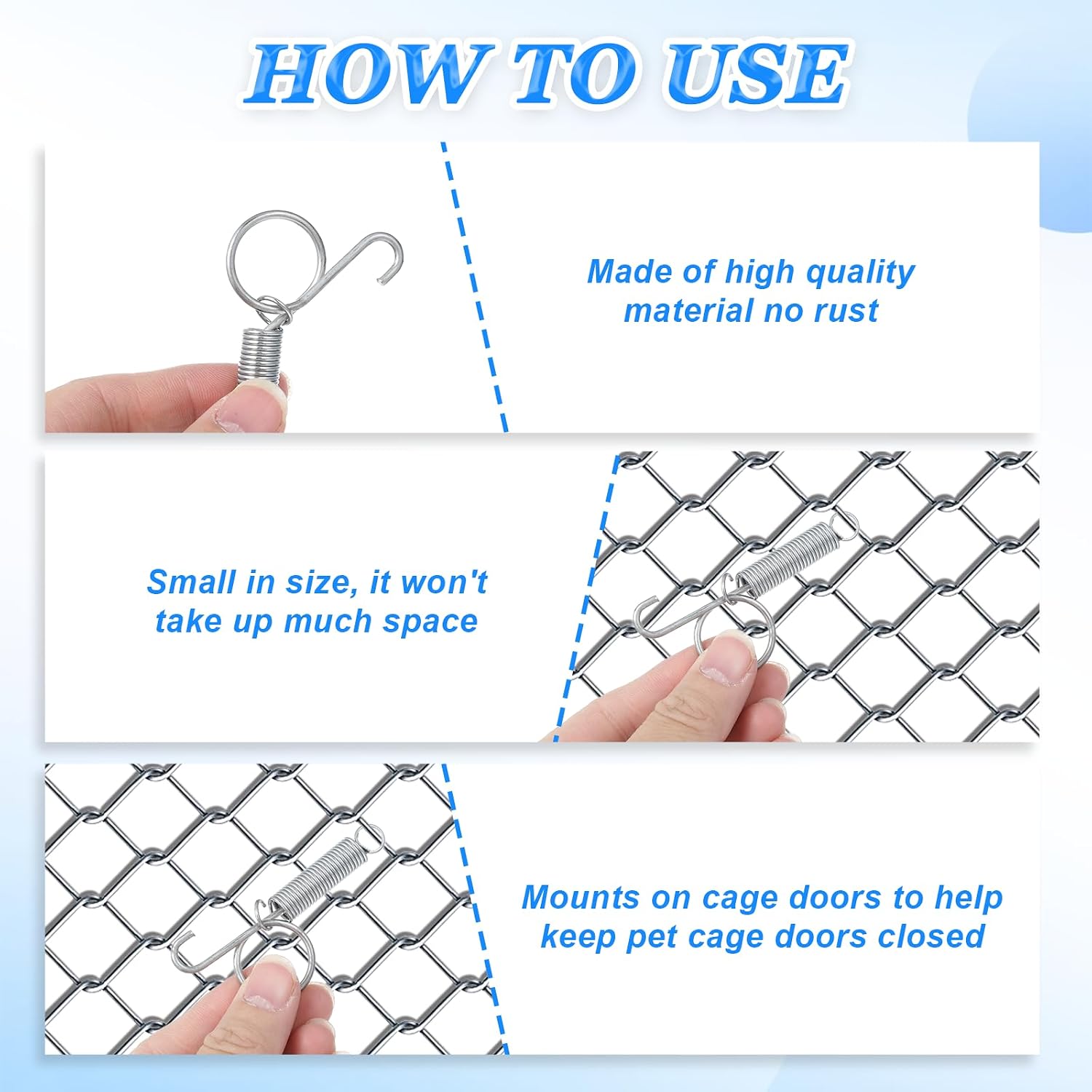 Nogeqi 8PCS Rabbit Cage Door Spring Latch Hook, Multi-Functional J Clips for Wire Cages Door, Wire Cage Clips for Fixing Rabbit, Dog, Cat, Parrot, Guinea Pig and Other Small Pets Animals image 4