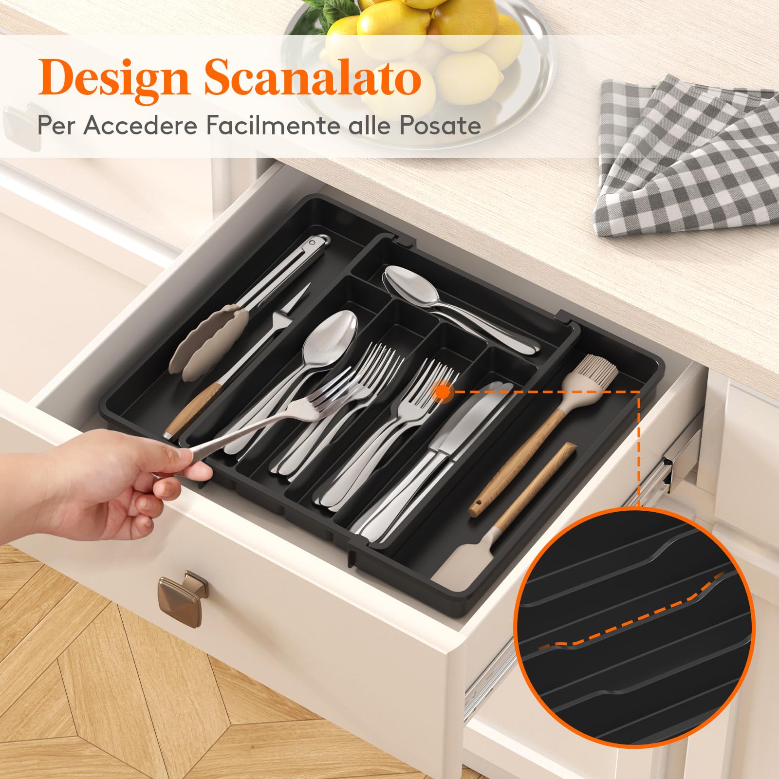 Lifewit Portaposate da Cassetto, Organizer Cucina Espandibile, Porta Posate Regolabile in Resistente Plastica per Cucchiai e Forchette, Profondità 34cm, Estensione max 41 cm, 1 Pacchi, Nero