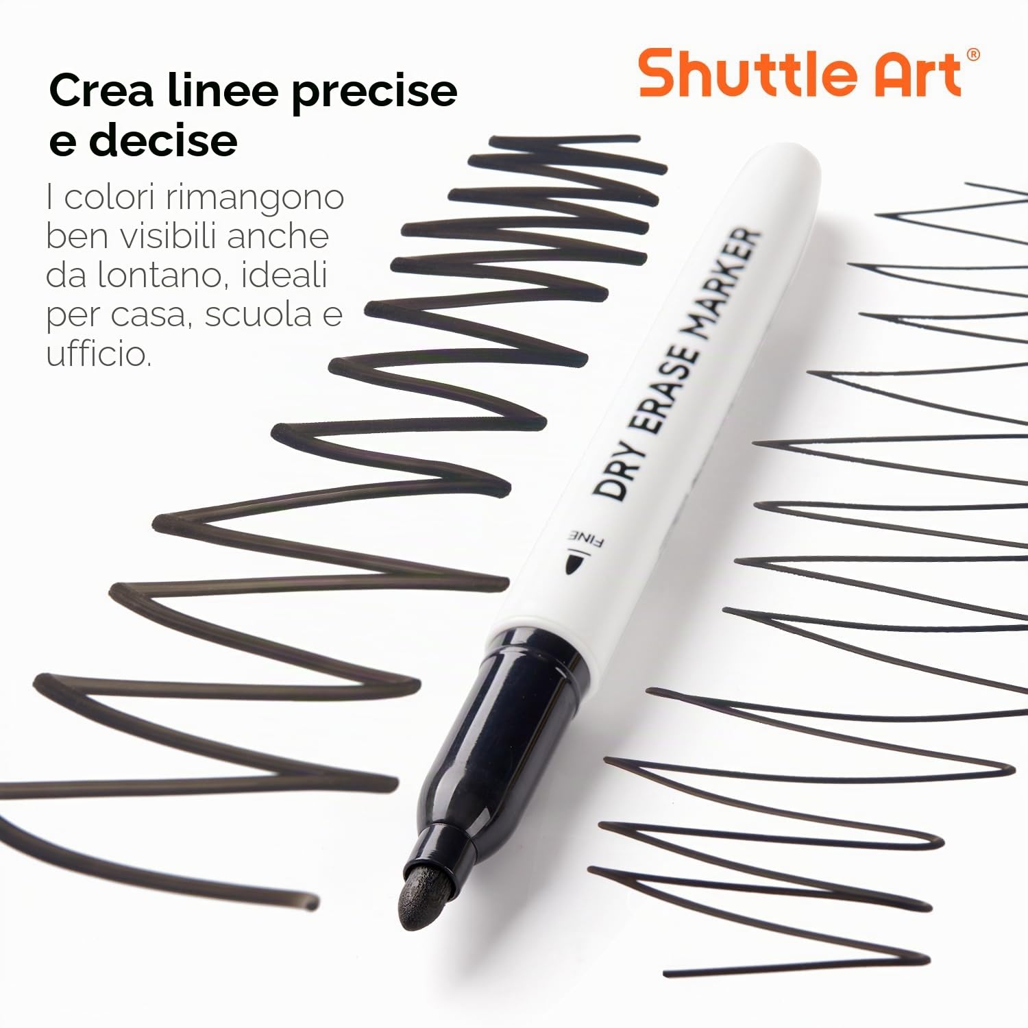 Shuttle Art Pennarelli Lavagna Bianca Cancellabili Punta Fine, 15 Neri, Pennarello Bianco Secco per Scritte Ufficio Casa