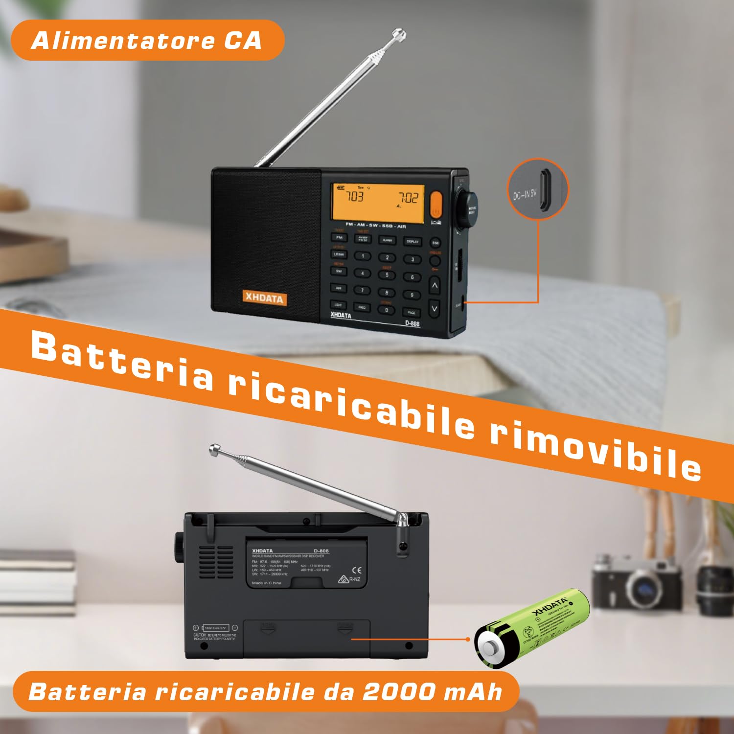 XHDATA D-808 Radio digitale portatile FM Stereo SW MW LW SSB RDS Air Band Multi Band con ATS, display LCD, nero