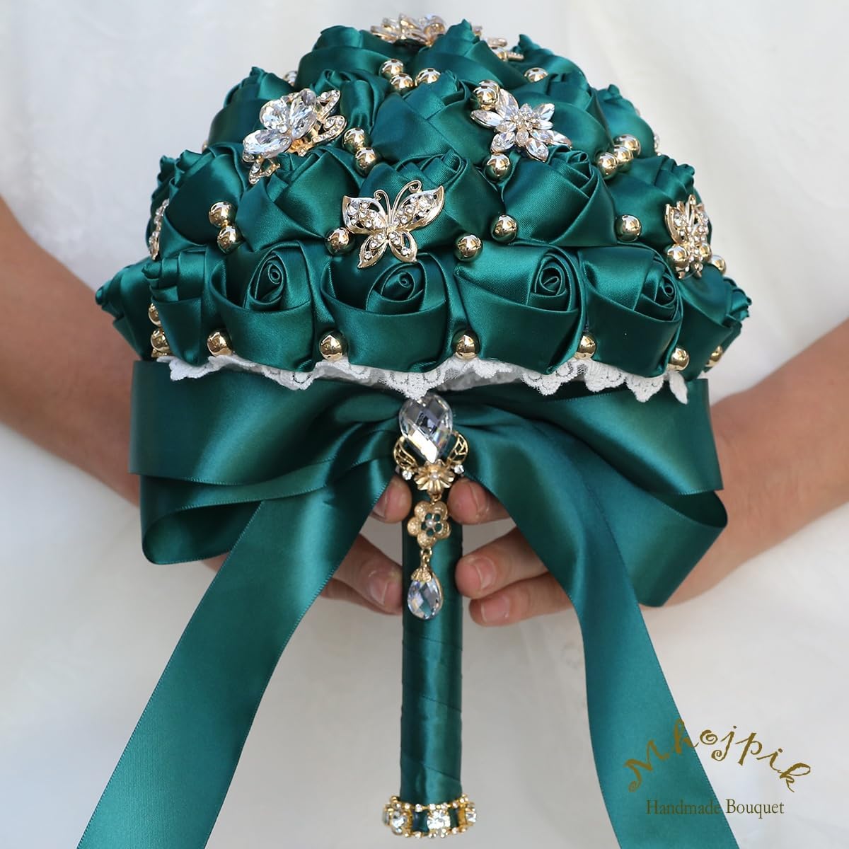 Bridal Wedding Bouquet Round Holding Bouquet Throw Toss Artificial Rose Flower Bunch for Bride Bridesmaid Wedding Quinceanera(Dark Green, 7.1")