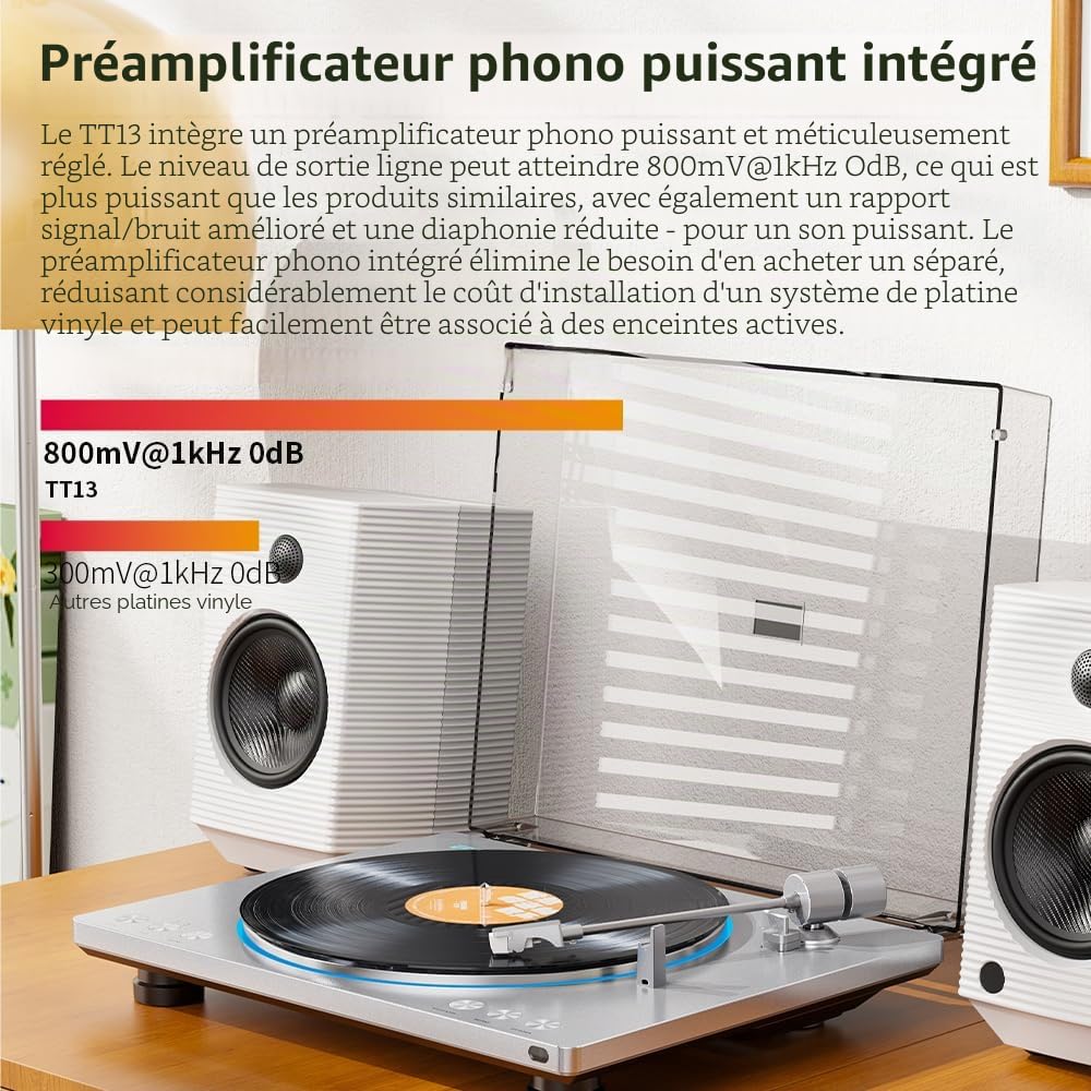 FiiO TT13 Tourne-Disque stéréo en Vinyle Automatique, préampli Phono Puissant, Couvercle Anti-poussière, Plateau en Aluminium moulé sous Pression (TT13 Bluetooth argenté)