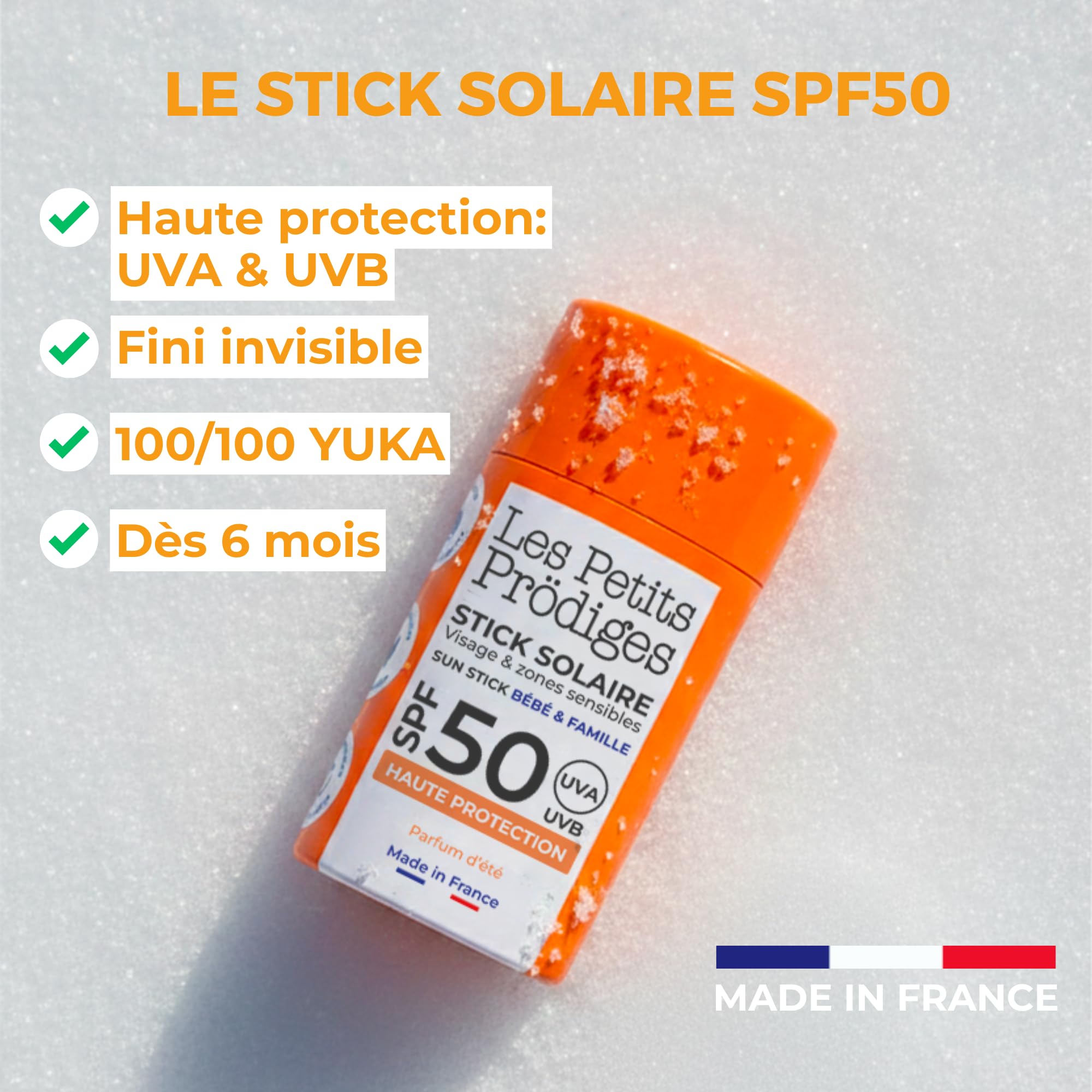 LES PETITS PRODIGES Stick Solaire Visage SPF 50 Ski - Bebe, enfant, famille - Très Haute Protection UVA,UVB - Hydratant & Apaisant -Tube en carton recyclable, Éco-conçu, Vegan, Fabriqué en France -15g