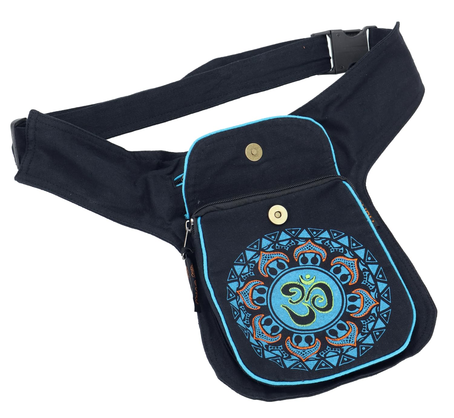 GURU SHOP Tkanina Sidebag & saszetka na pasek Aum Mandala, Goa saszetka biodrowa - zielona, męska/damska, bawełna, 25 x 17 x 4 cm, festiwalowa torba nerka hipisowska, czarny/turkusowy, Einheitsgröße
