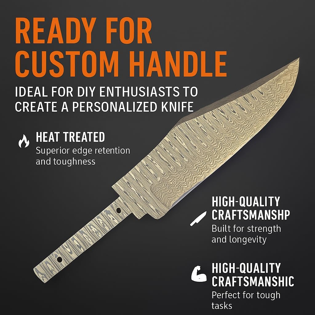 Handmade Bowie Blank Pattern Welded Damascus Steel Blade Heat Treated Hidden Tang Knife Making Supplies (B35)