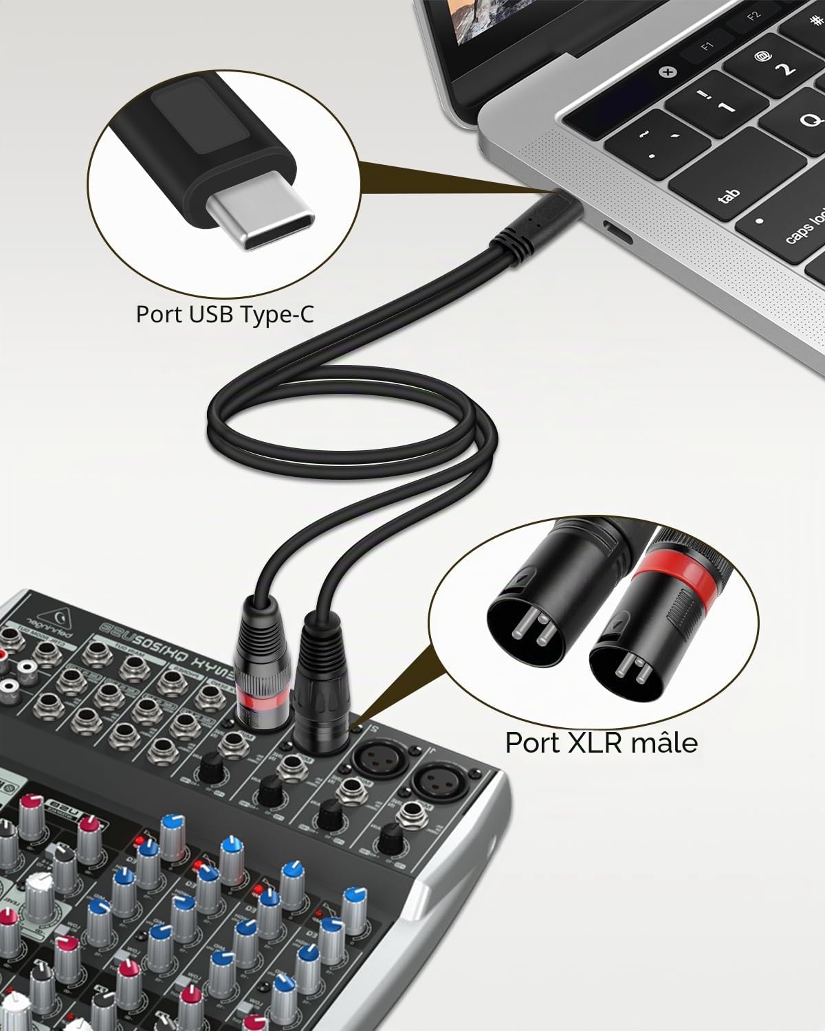GELRHONR Câble audio mâle USB C vers Dual XLR, câble d'alimentation stéréo de type C à 2 XLR de 3,3 pieds pour amplificateur de puissance, haut-parleur, mélangeur audio et plus