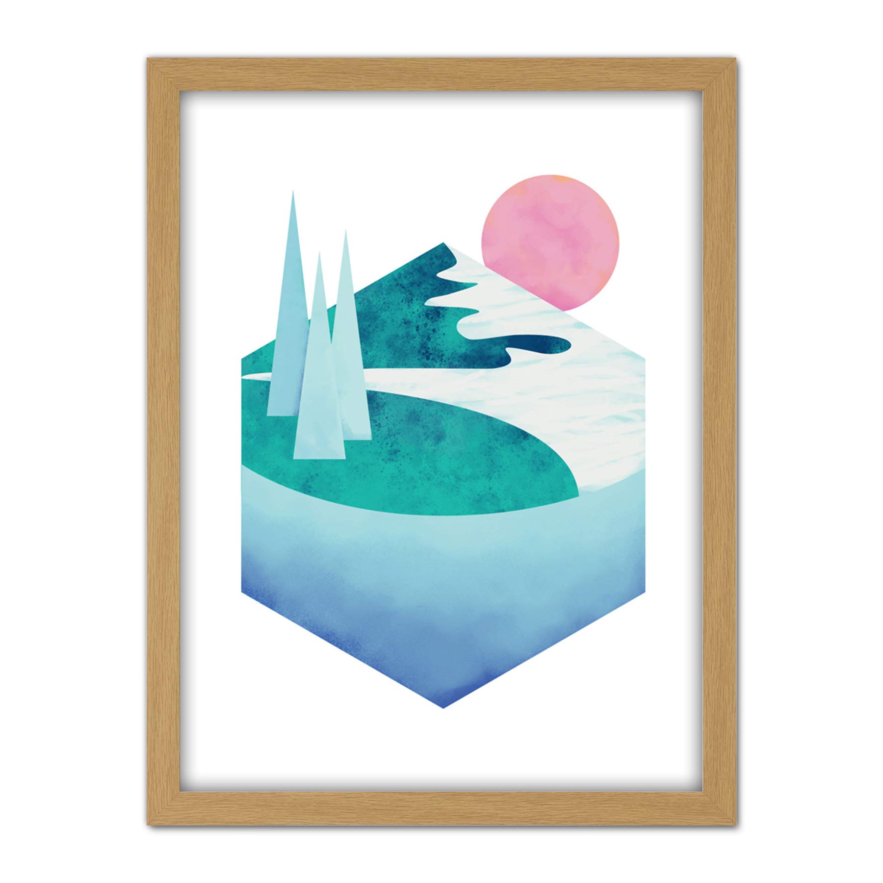 Wee Blue Coo Minimalist Mountains Lake Sunset Artwork Framed Wall Art Print 18X24 Inch