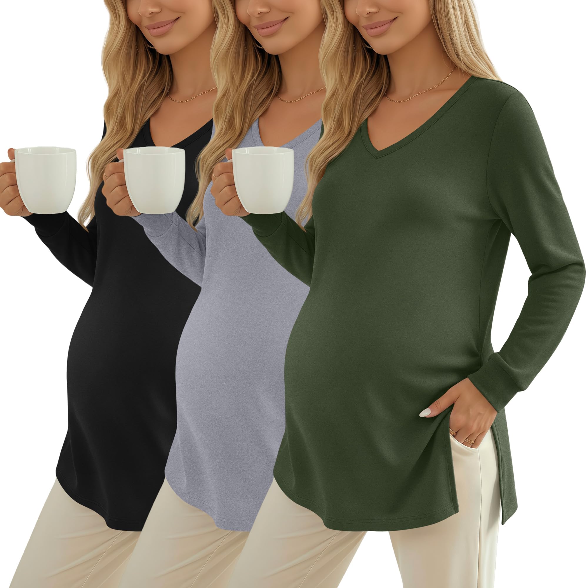 huukeay 3 pack women's thermal maternity shirts long sleeve fleece lined pregnancy tops split side v neck maternity clothes